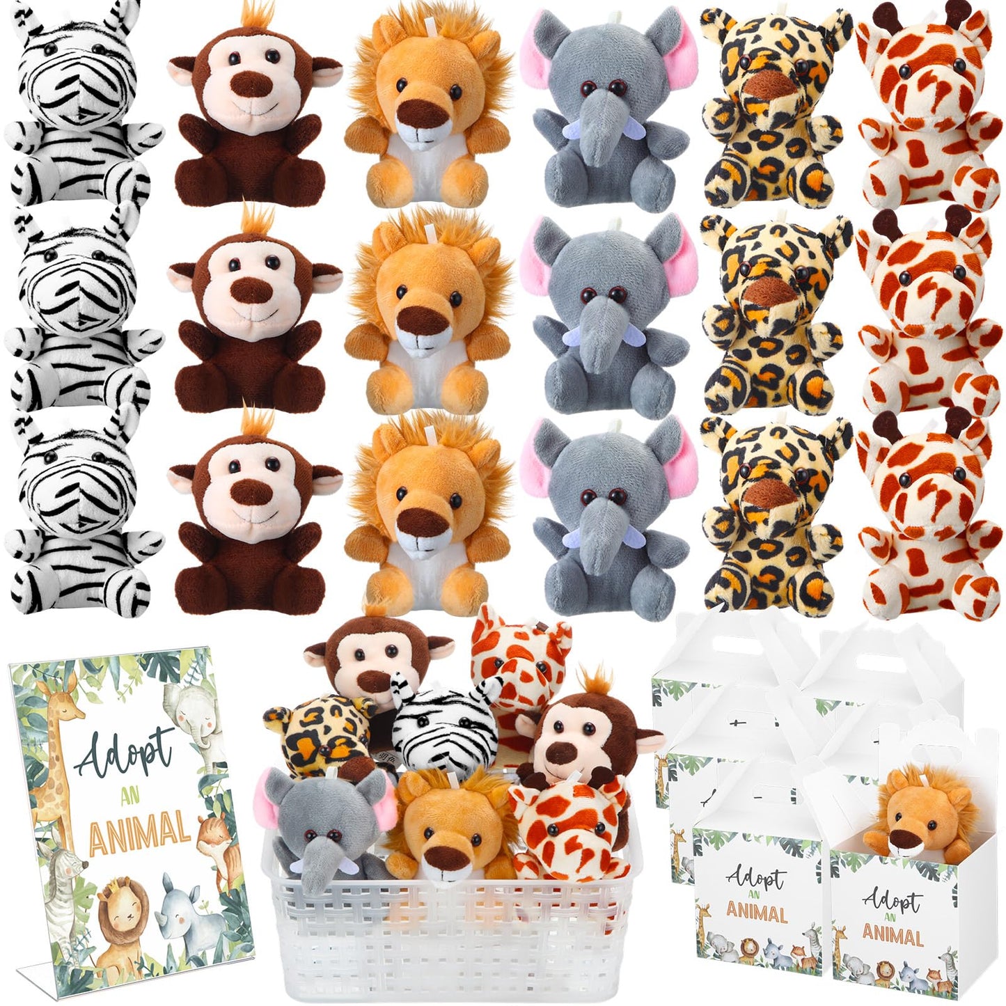 Vinsot 39 Pcs Mini Safari Stuffed Animals Set 18 Small Jungle Forest Animal Plush Toys 18 Kraft Paper Boxes Acrylic Sign Plastic Basket Adopt an Animal Favors for Birthday Supplies Gifts
