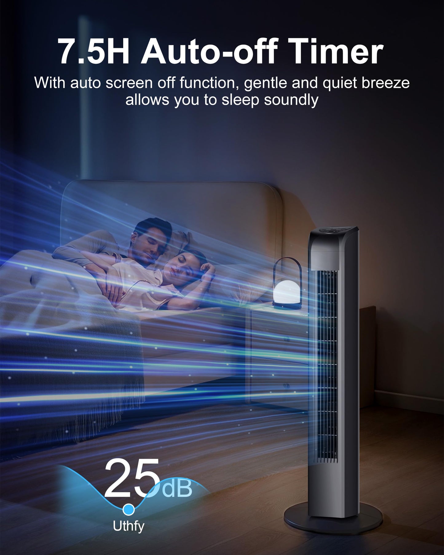 Uthfy Oscillating Tower Fan for Bedroom, Portable Standing Fan with Remote, 3 Modes 3 Speeds, 7.5H Timer, 120° Quiet Cooling for Living room, Office, Black