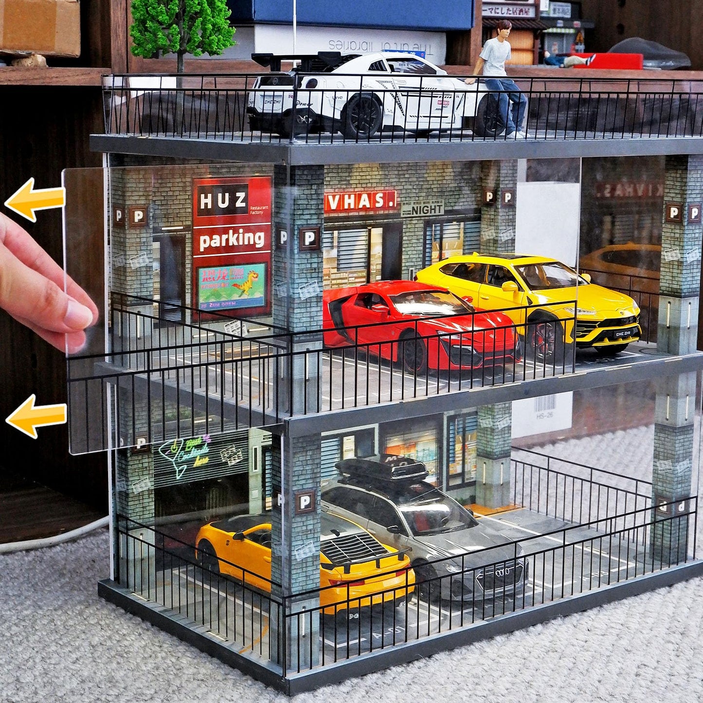 kivcmds 1:24 Scale Diecast Model Car Display Case Cabinet with USB Lights and Acrylic Cover,Diorama Garage for Sport Cars and Lego Speed Champions Car Collectibles