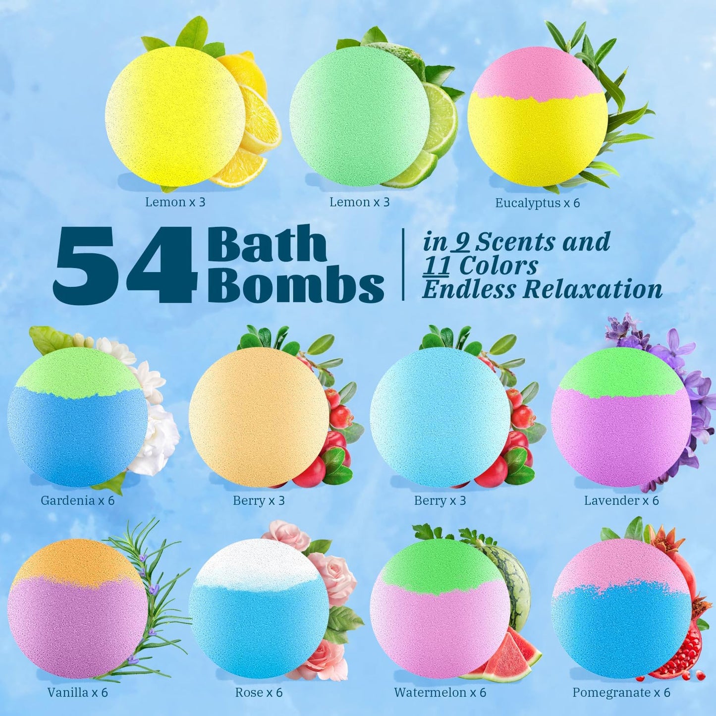 54 Pack Handmade Bath Bombs with 11 Vibrant Colors and 9 Unique Scents, Long-Lasting Fizzy Bubbles & Colorful Magic, 7-Minute Dissolve for Relaxation, Perfect Bubble Bombs Gift for Valentine's Day