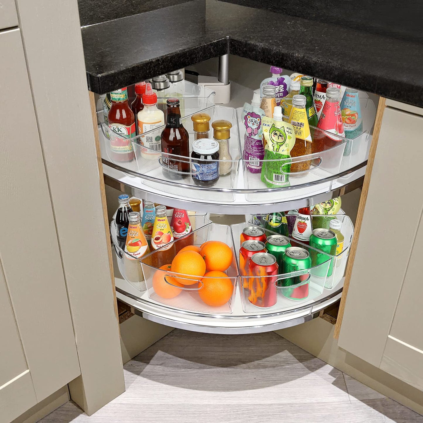 URALFA Lazy Susan Organizer Bins - Clear Turntable Organizer, Plastic Kitchen Storage Bins for 26"-28" Diameter Corner Cabinet, 1/8 Wedge-BPA Free, 8 Pack
