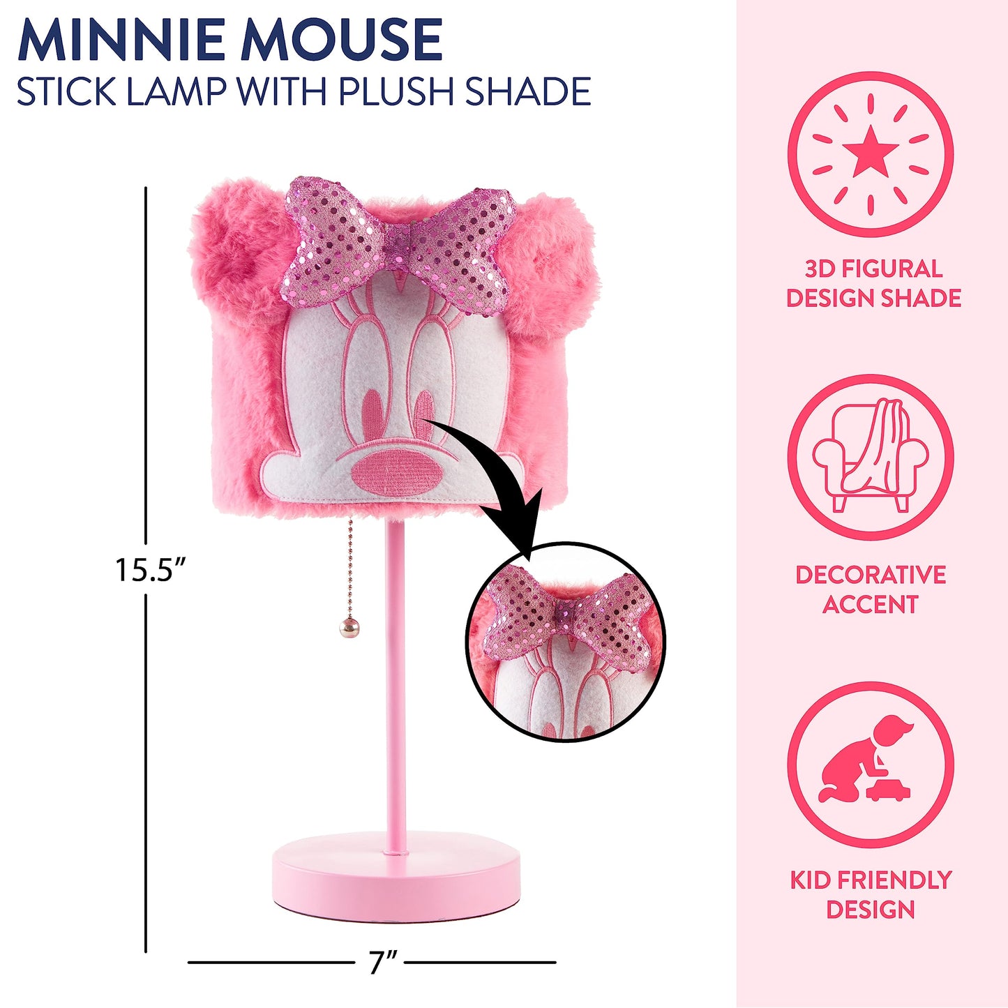Idea Nuova Disney Minnie Mouse Table Lamp,Plush Pink Base with Decorative Shade, Kids Bedroom or Nursery Lighting, Cute Character Lamp for Girls