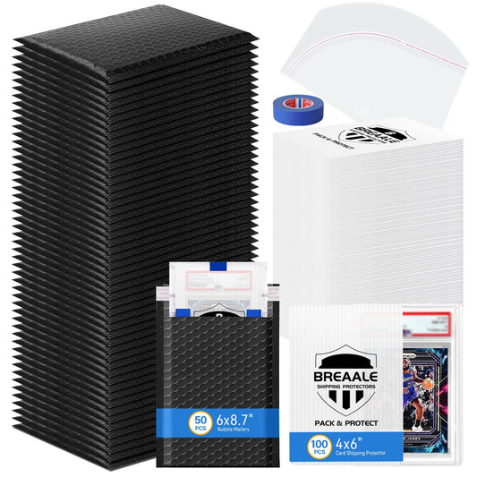 BREAALE Trading Card Shipping Kit, Includes 100 4'' x 6'' Graded Card Shipping Protectors, 50 6'' x 8.7'' Envelope Bubble Mailers, 20M Painter’s Tape, 50 Cellophane Bags, PSA BGS CGC Slabs & Raw
