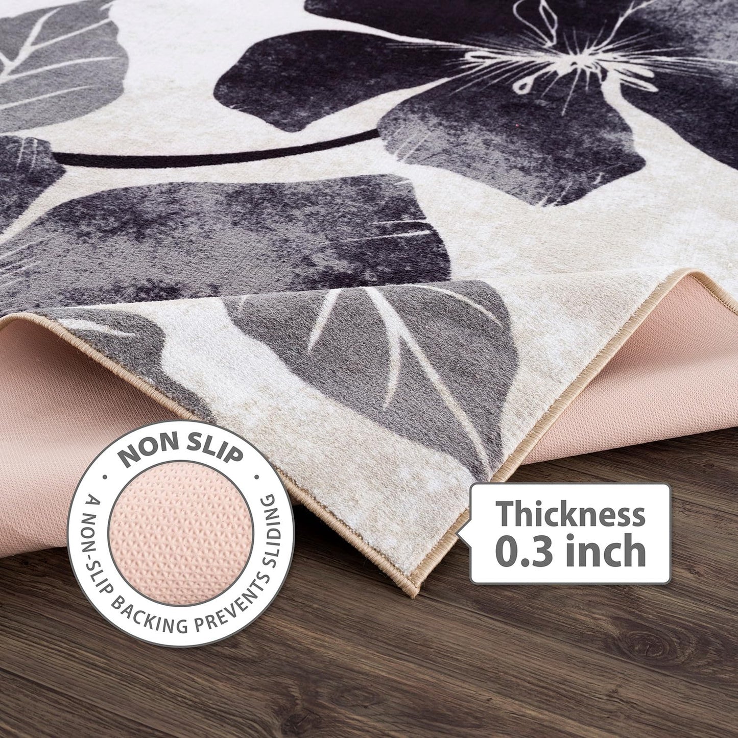 CAMILSON Solana Modern Floral 4x6 Rug Non-Skid (Non-Slip) Rubber Backing Flowers Leaf Soft Non Shedding Easy Cleaning for Living Room Bedroom Kitchen Indoor Area Rugs Carpet (4 x 6, Black Grey)