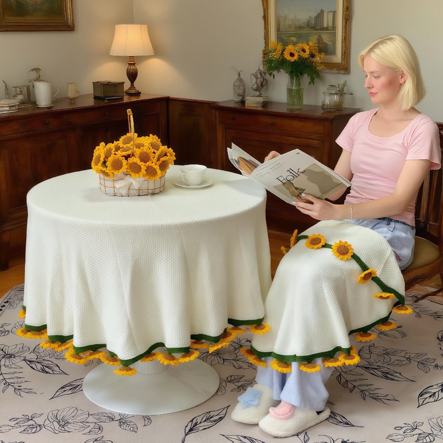 SoffMoiis Crochet Sunflower Bouquet Blanket, Handmade Flower Blanket, 40 Inch Round Floral Knitted Gifts for Mother's Day, Grandma Birthday, Teacher, Friend, Home Decor, Sofa（Finished Product）