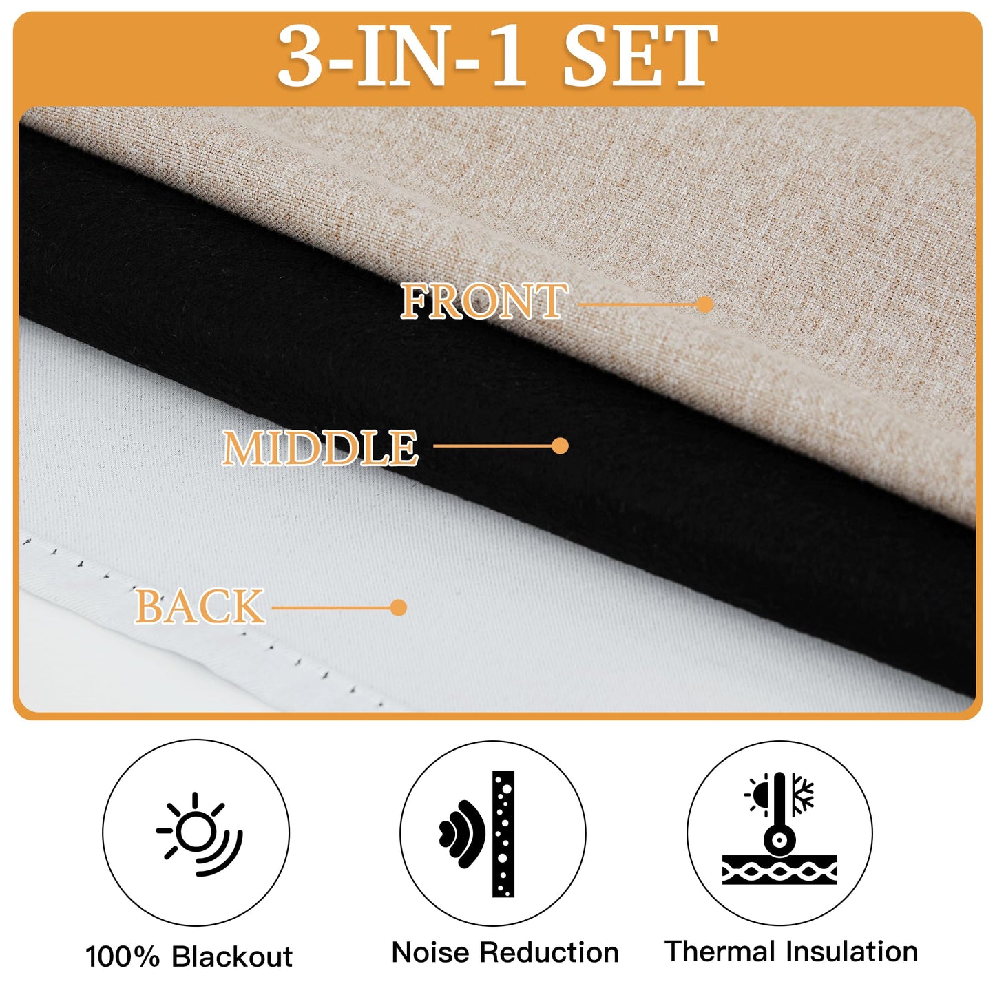 RYB HOME 3 in 1 Soundproof - Blackout - Insulation Linen Curtains, Noise Blocker Energy Saving Curtains for Bedroom Living Room Kids Nursery Studio Home Office, Taupe, W52 x L84 in, 2 Panels