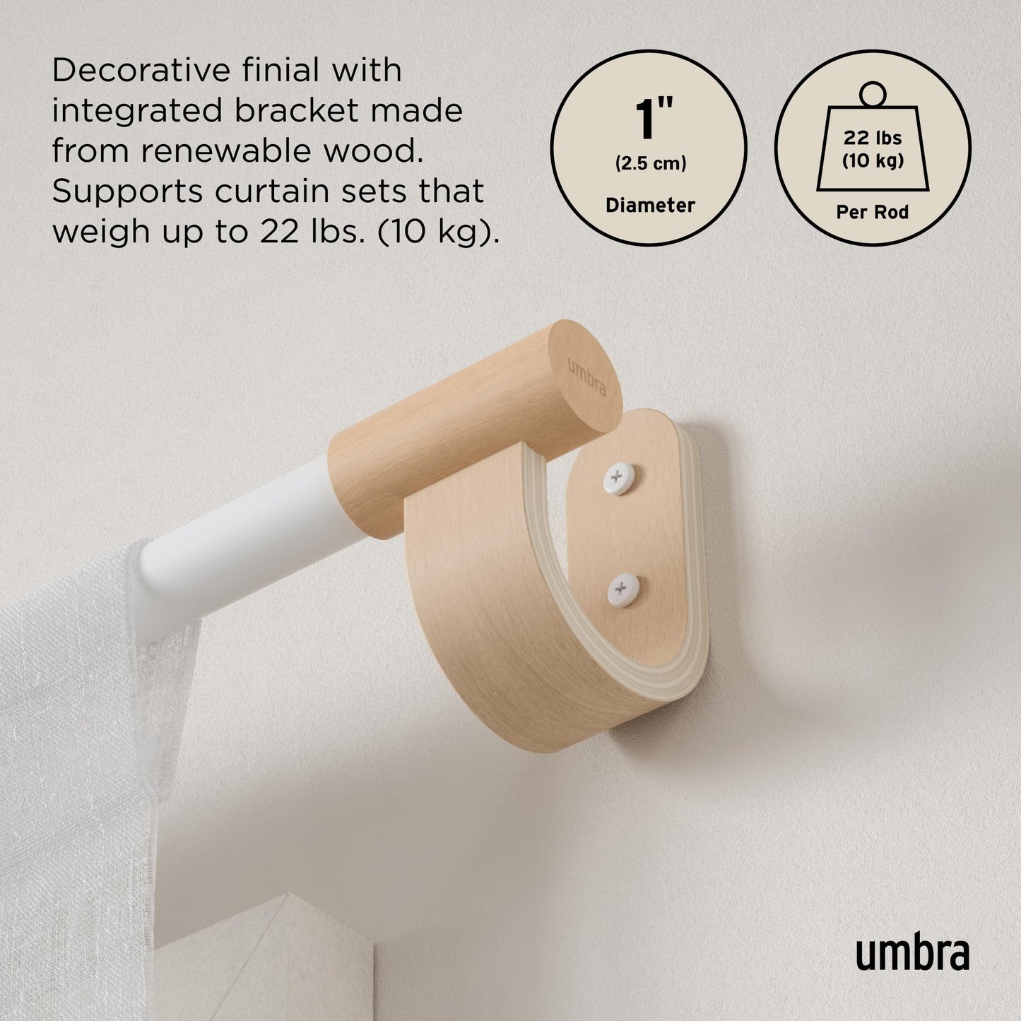 Umbra Bellwood Curtain Rod for Window Drapery, Adjustable Length 42" to 120", Set Includes Finials and Mounting Hardware, White/Natural