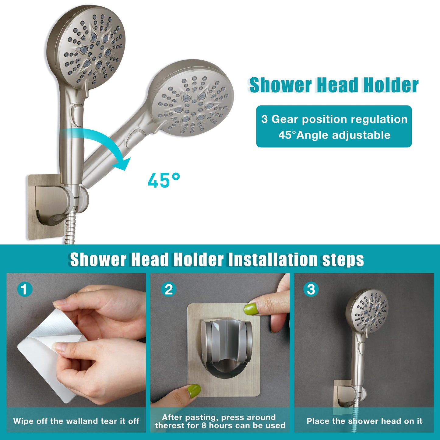 GwernKB Handheld Shower Head with on off Switch&Built-in Power Spray,7-Setting High Pressure Shower Wand with 79in Long Hose&Bracket and Extra Adhesive Shower Holder for Lower Mount,Brushed Nickel