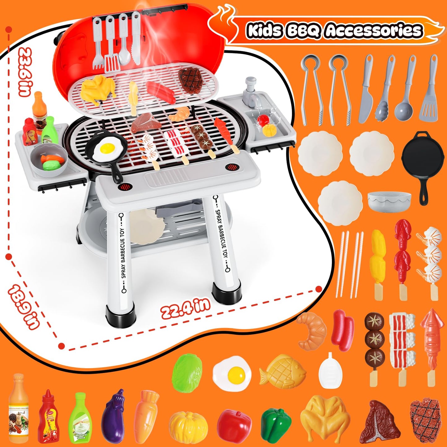 68 PCS Kids Kitchen Playset for Toddlers 3-5,Cooking BBQ Grill Set Toys with Realistic Smoke, Sound & Light,with Kitchen Sink,Little Chef Pretend Play,Outdoor Camping Birthday Gifts for Boys Girls