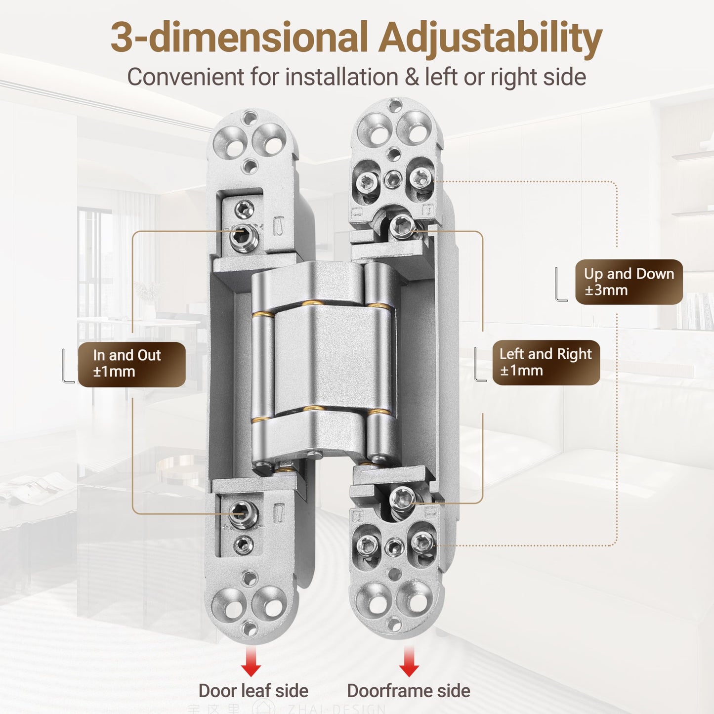 Upgraded Invisible Door Hinges (4 pcs) -6 Inch Sliver Hidden Hinges for Doors, 3 Way Adjustable & 180 Deg Swing & Copper Support Invisible Hinge, Heavy-Duty Concealed Door Hinges 88Lbs Load-Bearing