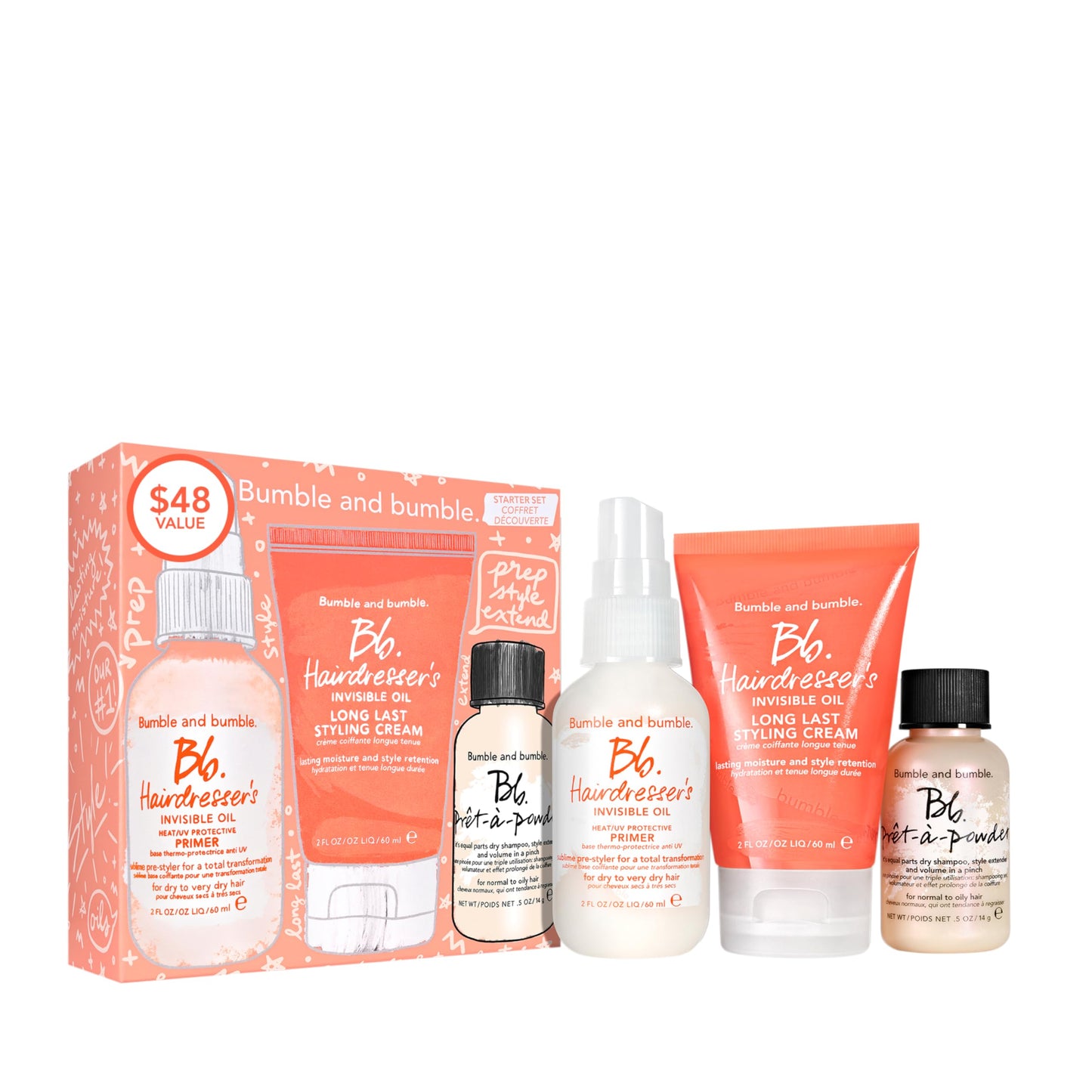 Bumble and bumble. Prep, Style, Extend Starter Set | Hairdresser's Invisible Oil Primer, Hairdresser's Invisible Oil Long Lasting Styling Cream + Prêt-à-powder Dry Shampoo