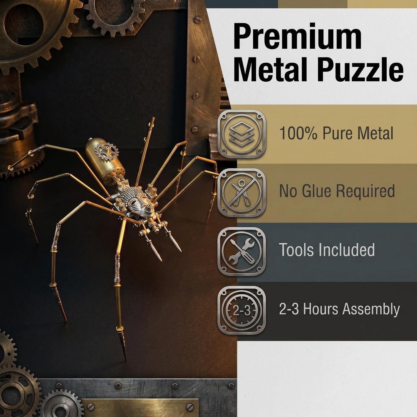 3D Steampunk Mechanical Insect Puzzle Kit - DIY Metal Assembly Model for Adults, Unique Retro Brass Sculpture Craft for Home Office Decoration (Frons Spider)