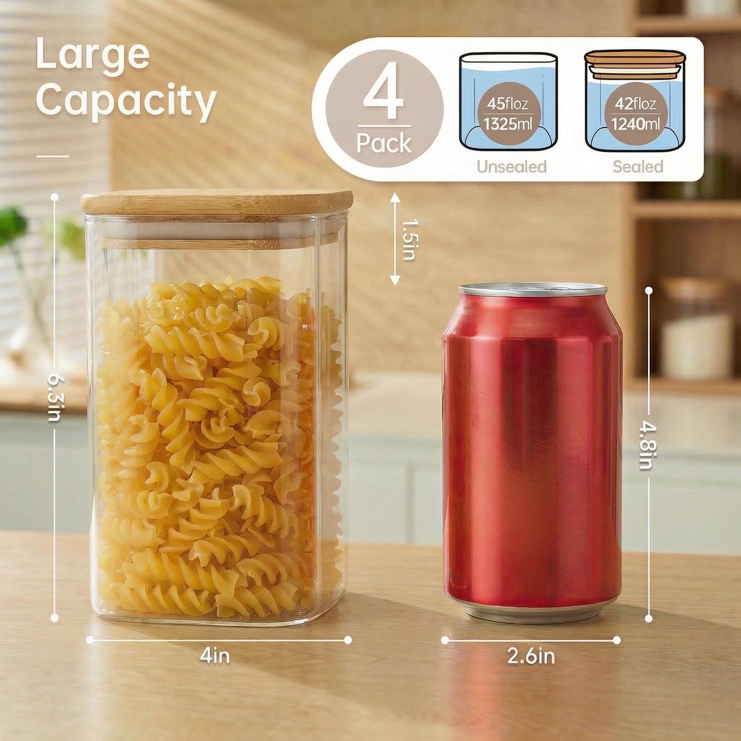 42oz - 4 Pack Square Glass Jars with Bamboo Lids, Glass Food Storage Containers with Airtight Lids for Kitchen, Air Tight Pantry Storage Containers for Cereal, Pasta, Rice, Sugar, Coffee, Spice