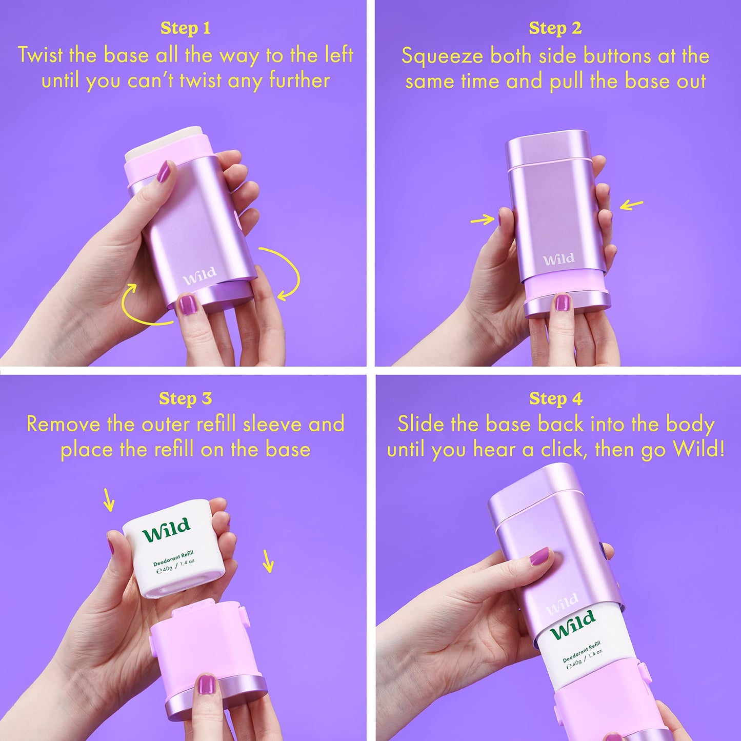 Wild - Purple Case with Refill Variety Pack - Refillable Deodorant - Aluminum Free - Includes Fresh Cotton & Sea Salt, Cherry Blossom and Coconut & Vanilla Scents - Vegan