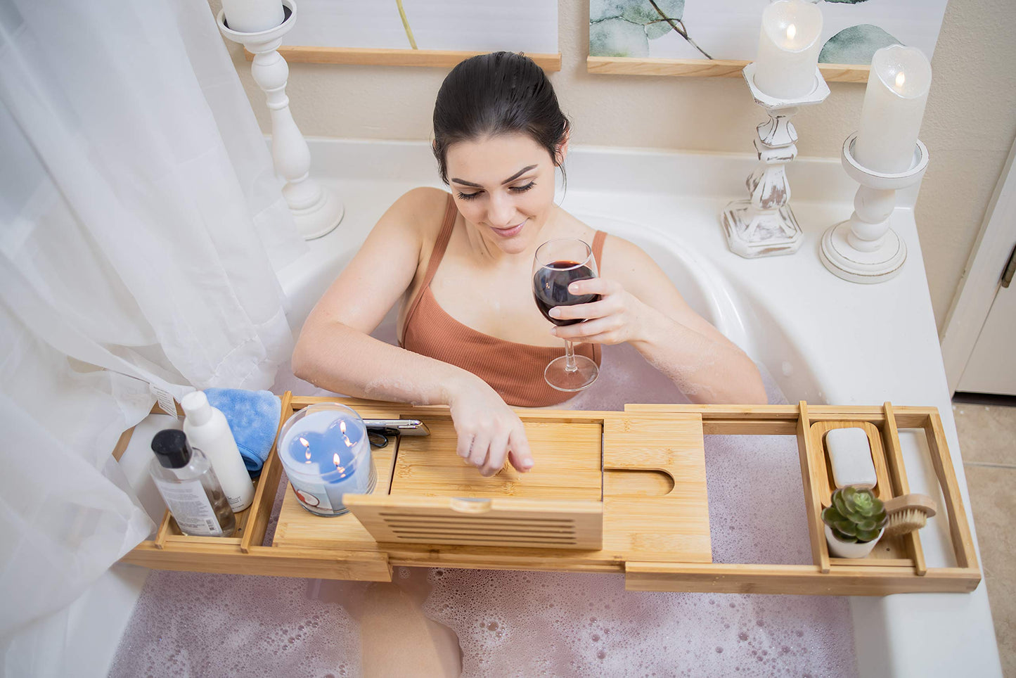 XcE Bathtub Caddy Tray Expandable to 105cm with Bamboo Book Stand and Soap Tray, Natural