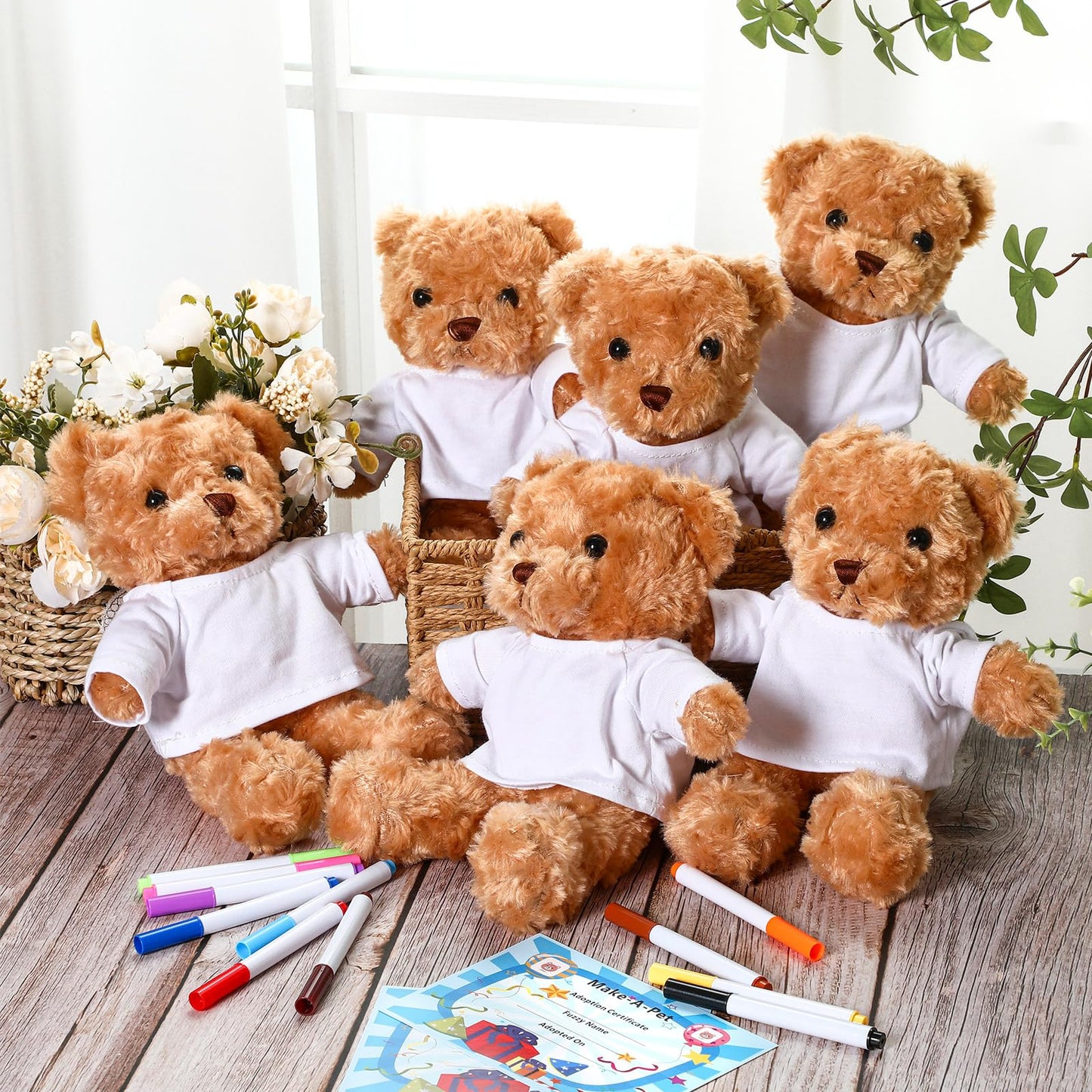 Blueweenly 40 Pcs Make Your Own Stuffed Bear Gift Kit 10 Pcs 9.84 Inches Rose Velvet Bear 10 White T Shirt 10 Set 12 Color Watercolor Pen 10 Paper Card DIY