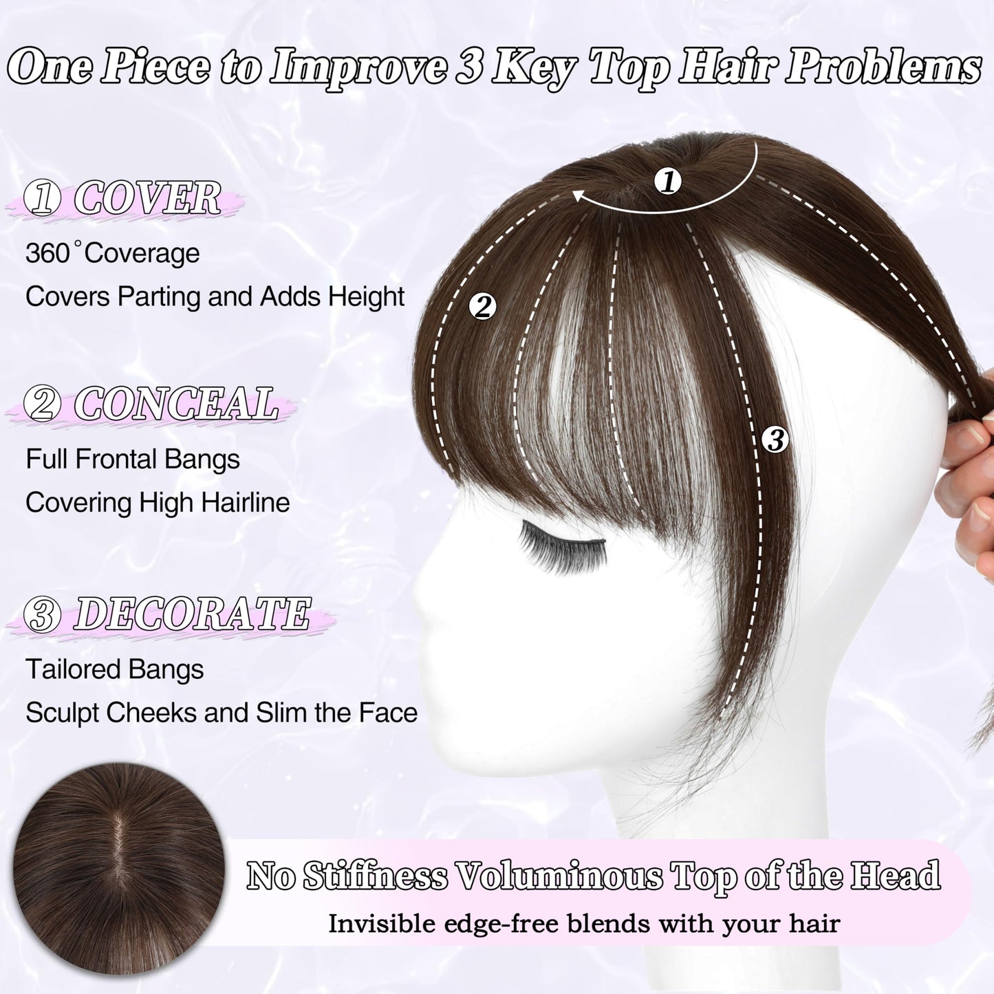 BUPPLER Hair Toppers for Women Real Human Hair-360°3D Topper with Bangs for Thinning Hair Clip in Bangs with Upgraded Silk Base Perfect for Daily Wear,5×10 Dark Brown-2#