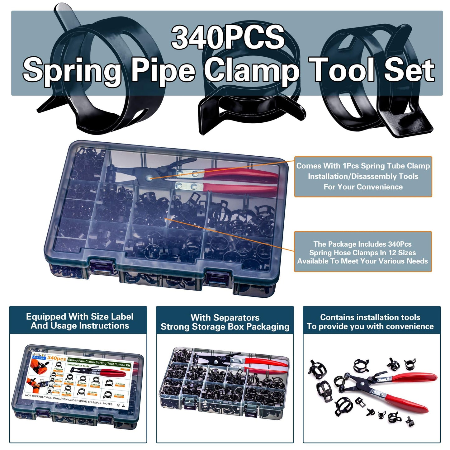 ASKWAY 340pcs Spring Pipe Clamps, With Spring Pipe Clamp Tools, 12 Sizes 6-22mm Spring Hose Clamps, Used To Fix Hose Interfaces In Automotive, Marine, Gardening, Industrial Applications