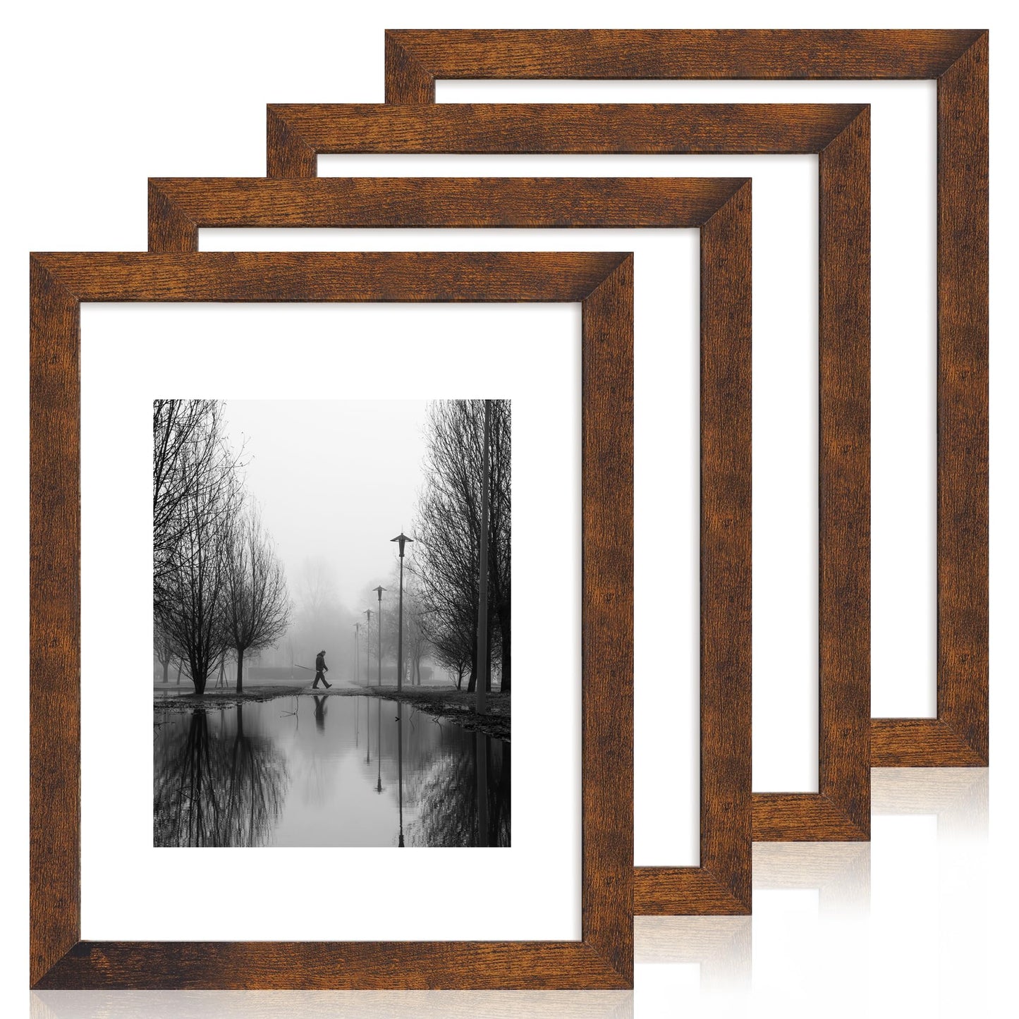iRahmen 11x14 Picture Frame Set of 4 with Tempered Glass, Rustic Frame Display 8x10 Pictures with Mat or 11 x 14 Without Mat, Wooden Photo Frames for Wall Mounting