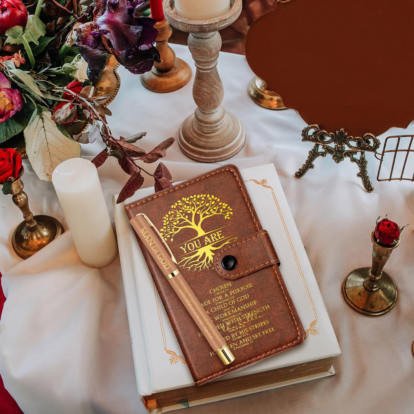 Thenshop 24 Set Christian Father's Day Church Gifts Tree of Life Leather Prayer Journal Man of God Notebook Religious Notepad with Pen Baptism Gift for Pastor Dad Men (Black Brown)