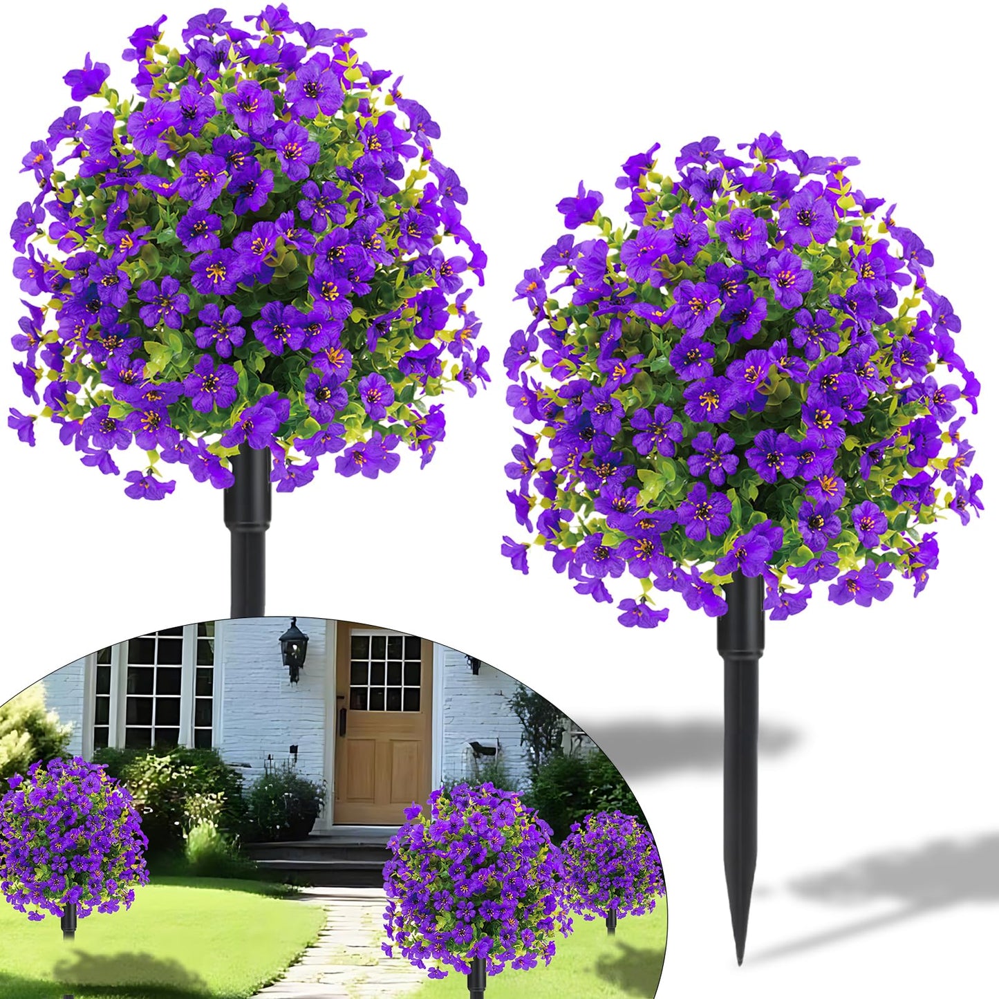 23" Set of 2 Spring Artificial Boxwood Topiary Ball Trees with Spikes,UV Resistant Fake Outdoor shrubs with Violet Flowers, Realistic Faux Plants Bushes for Garden Porch Yard Patio(Purple)