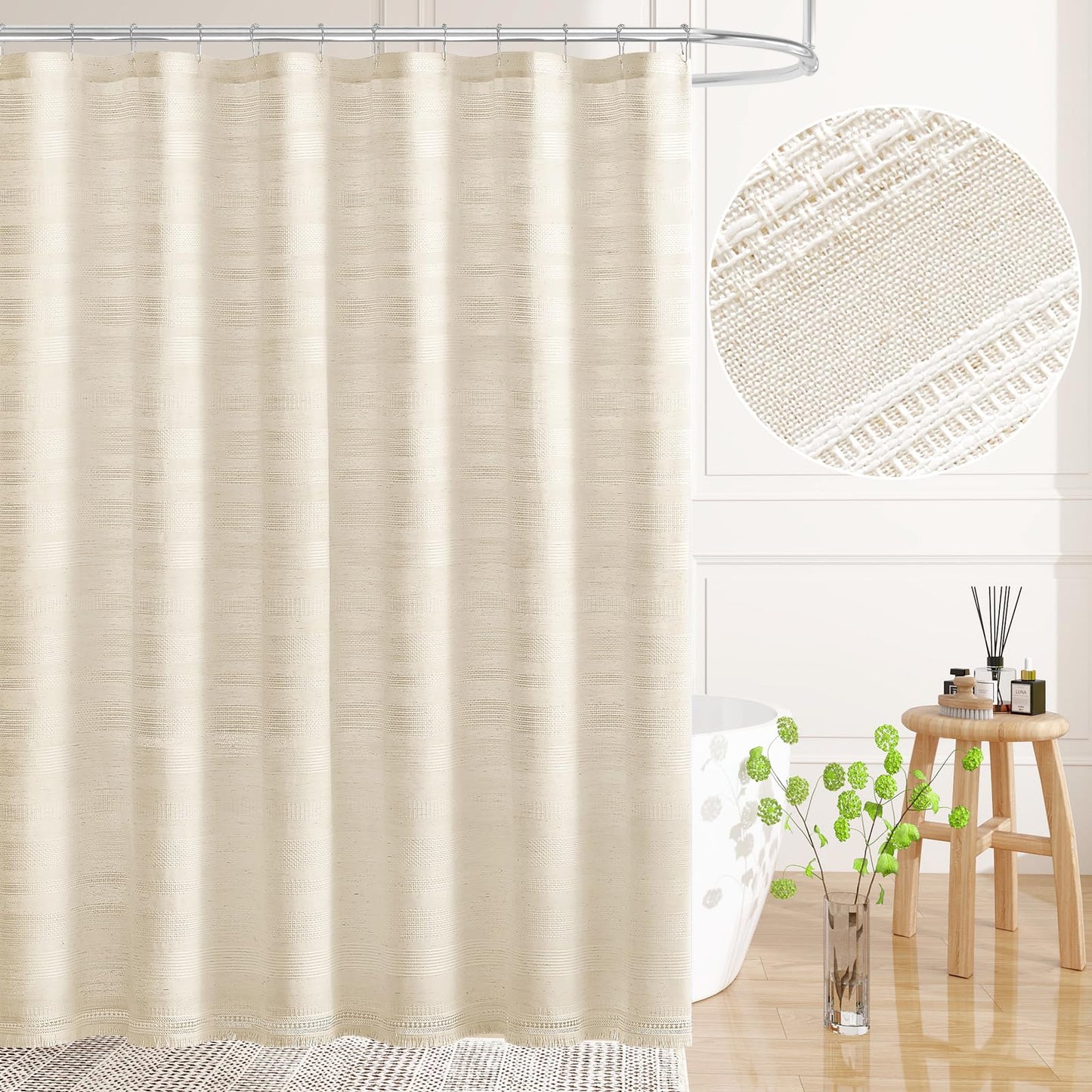 Craidlela Extra Long Boho Farmhouse Shower Curtain with Tassel, Linen Bohemian French Country Chic Bathroom Shower Curtain Set, Modern Striped Textured Shower Curtain 72x84 - Beige/Cream