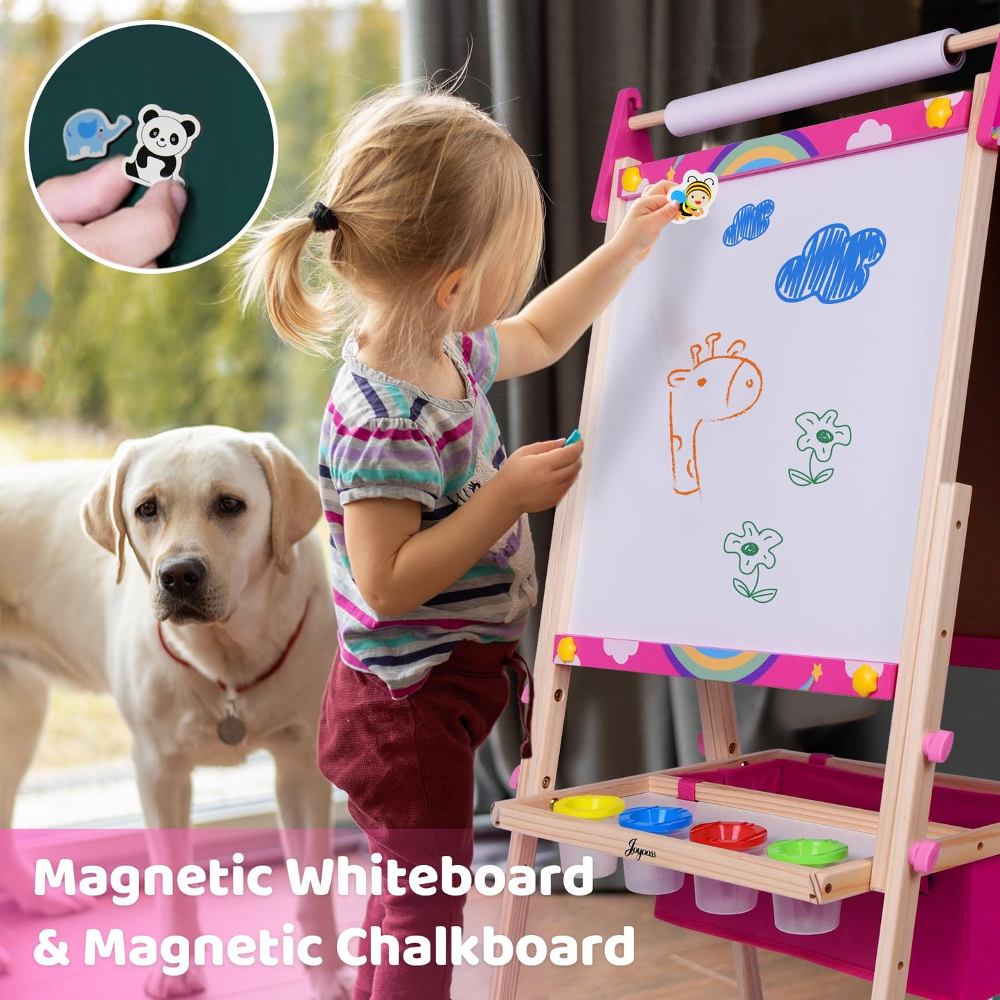 Joyooss Art Easel for Kids, Adjustable Standing Wooden Toddler Kids Easel Double Sided Drawing Board Whiteboard & Chalkboard Dry Easel Board, Art Easel for Kids Age 4-8 9-12 Painting Set