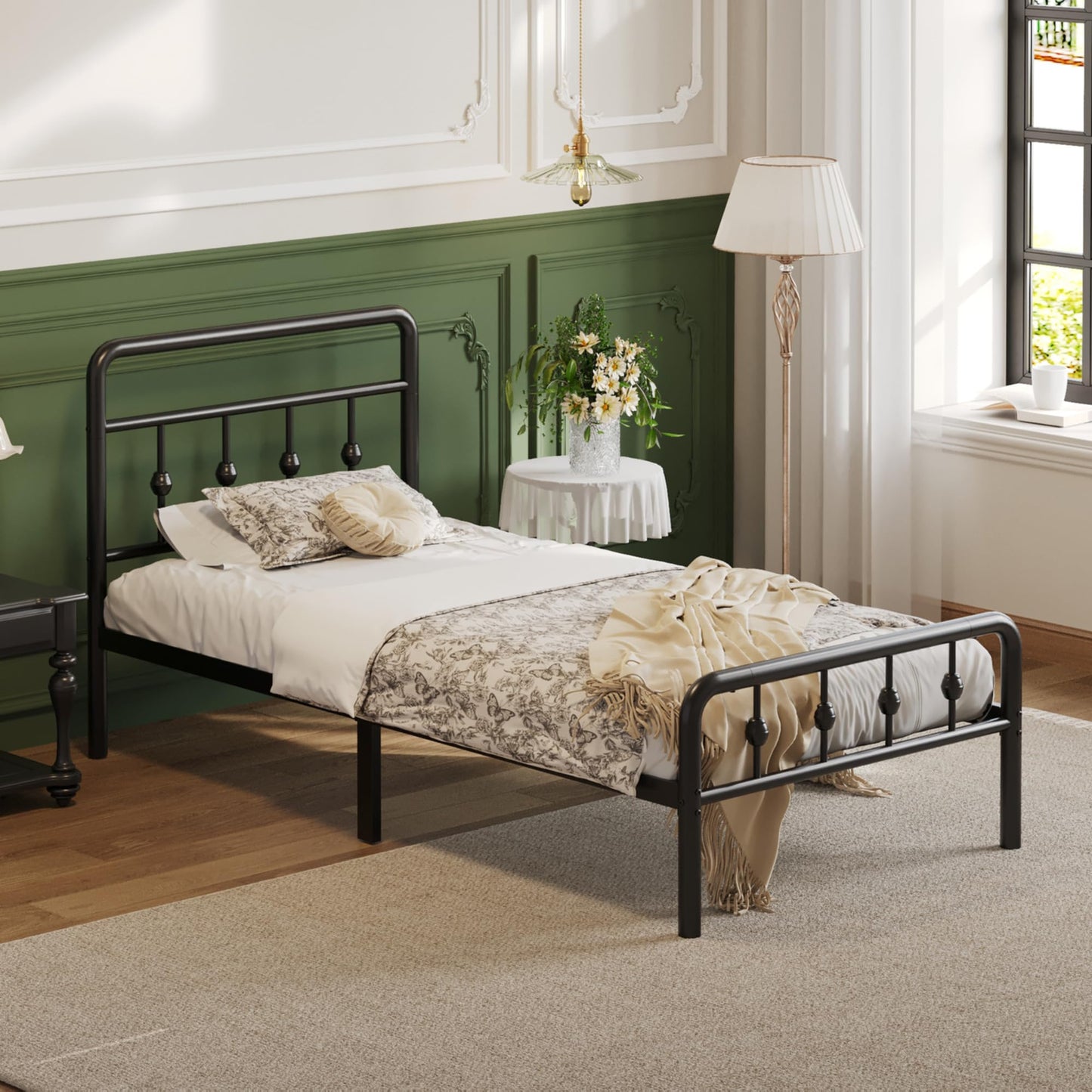 Lutown-Teen 12 Inch Twin Bed Frames with Victorian Vintage Headboard and Footboard, No Box Spring Needed, Heavy Duty Metal Mattress Foundation, Noise Free, Easy Assembly, Black