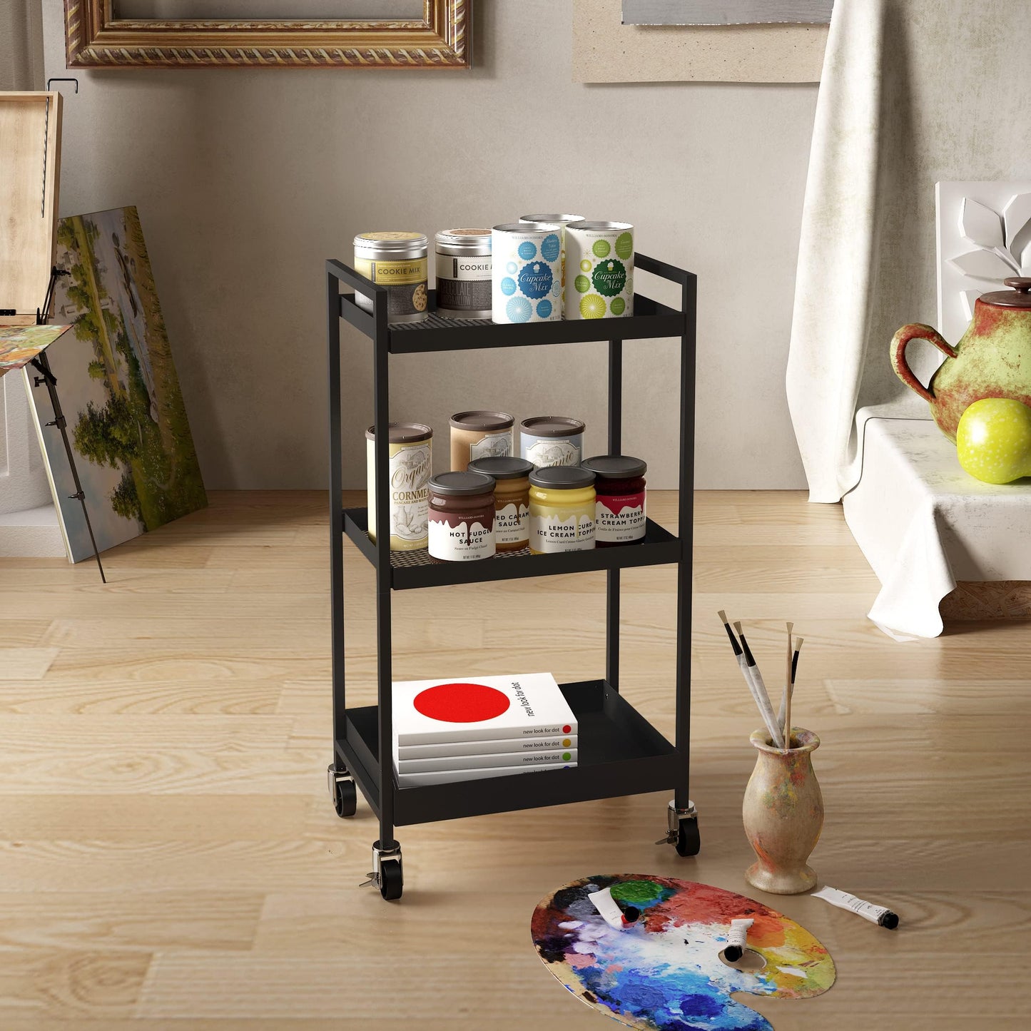 3-Tier Metal Cart with Wheels, Three Tier Rolling Cart,Utility Cart on Wheels Suitable for Office, Bathroom, Kitchen - Black (12.1" D x 17.7" W x 31.2" H