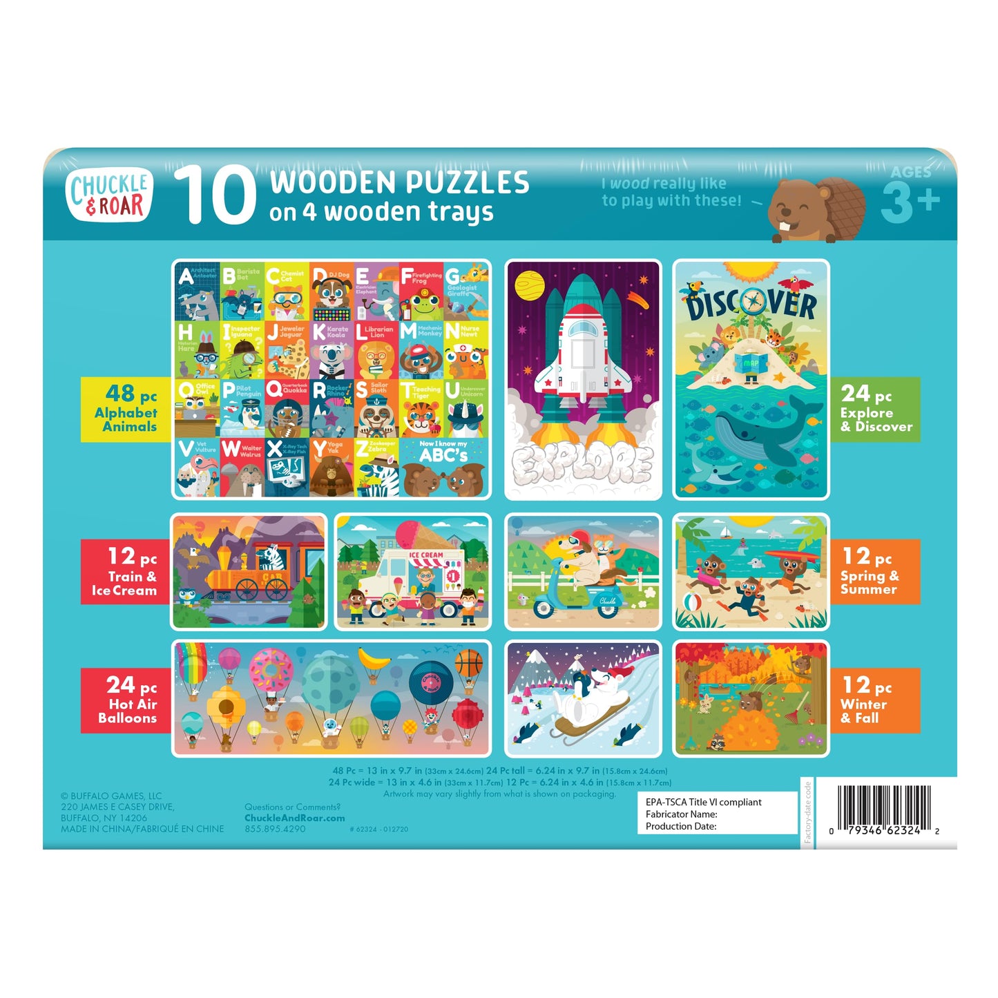 Chuckle & Roar - 10 Pk Wooden Jigsaw Puzzle - Engaging and Educational Puzzles for Kids - Larger Pieces Designed for Preschool Hands - 12-48 Piece Puzzles