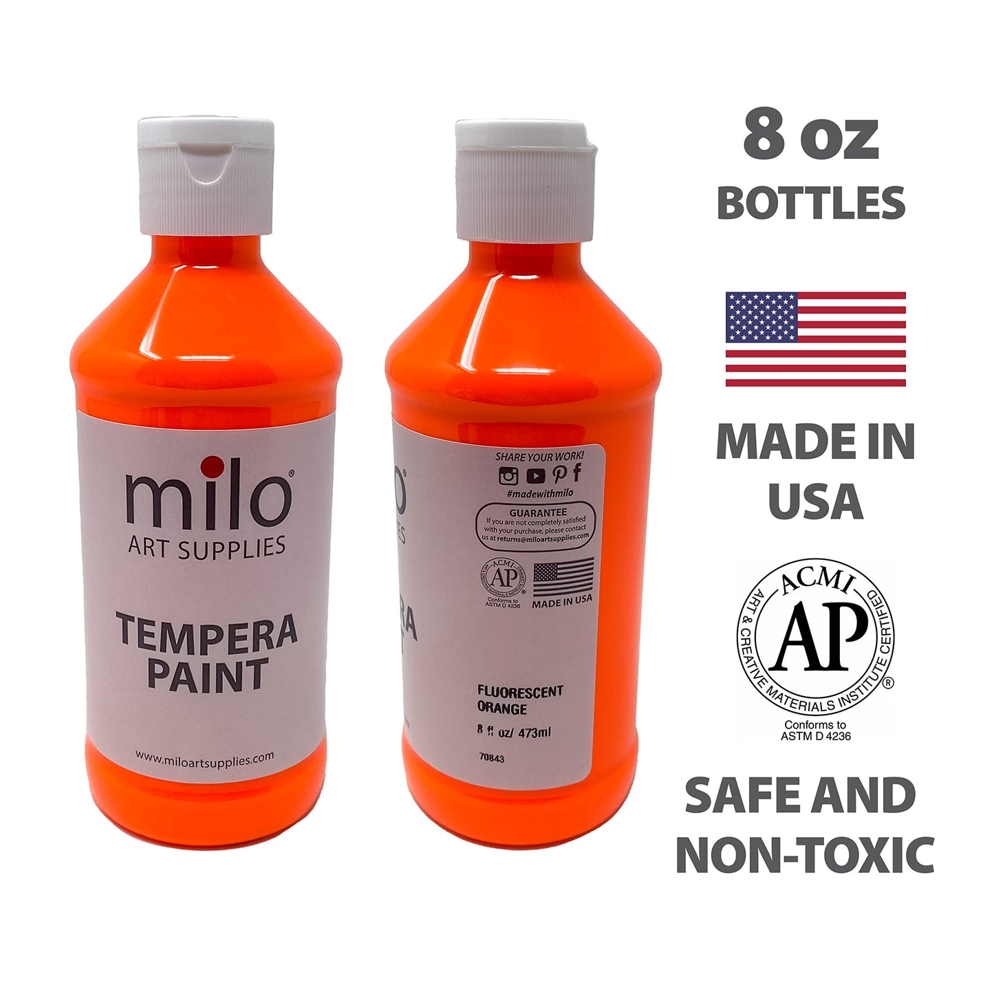 milo Fluorescent Tempera Paint Set of 8 Colors | 8 oz Bottles | Made in the USA | Washable and Non-Toxic Neon Art & Craft Poster Primary Paints for Artists, Kids, & Hobby Painters, Glows UV in Black Light