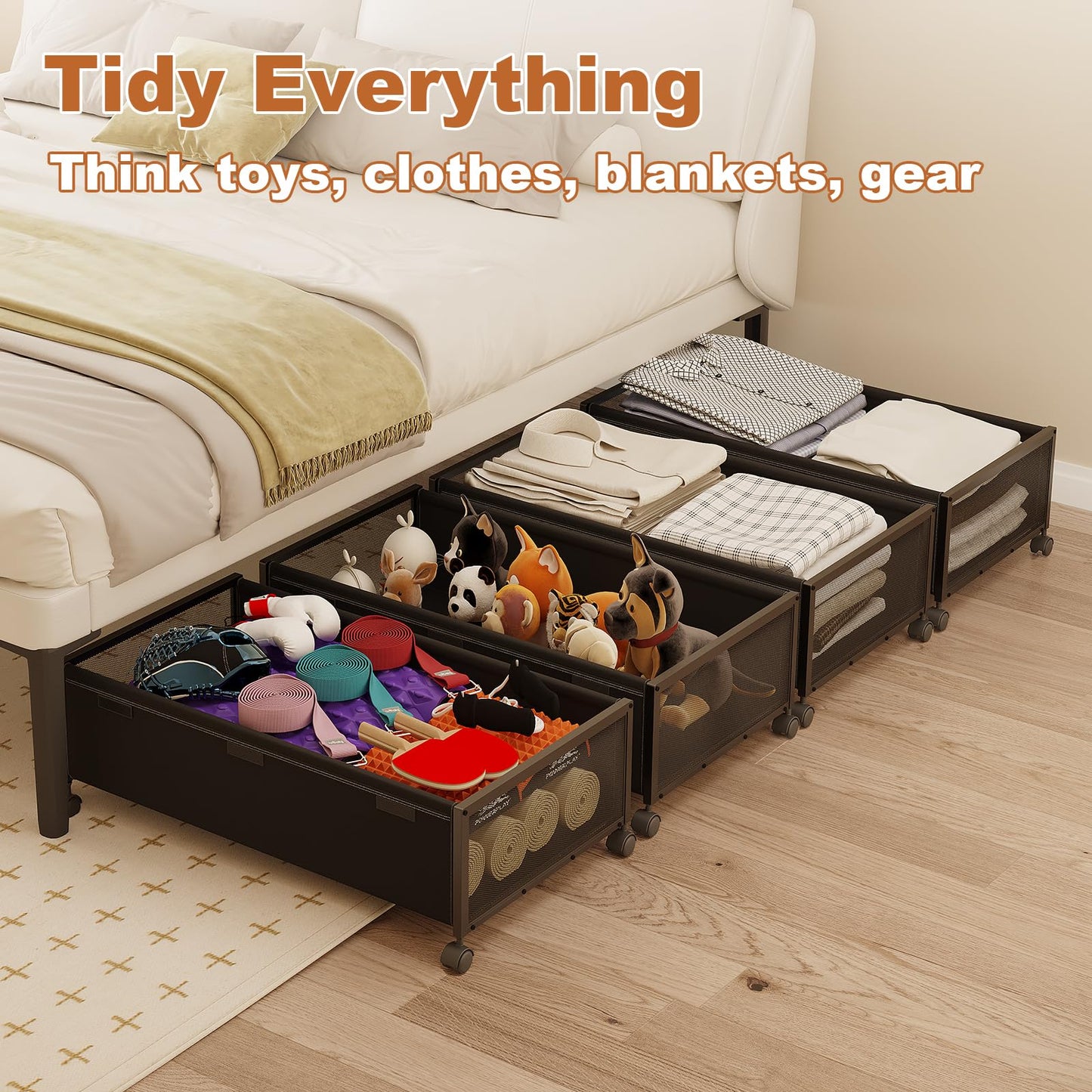 2 Pack Under the Bed Storage Containers,10 inch Height Under Bed Shoe Storage,31inch Long Underbed Storage with Wheels,Large Rolling under bed Clothes Storage Drawers with Lid for Dorm Tall ,Black
