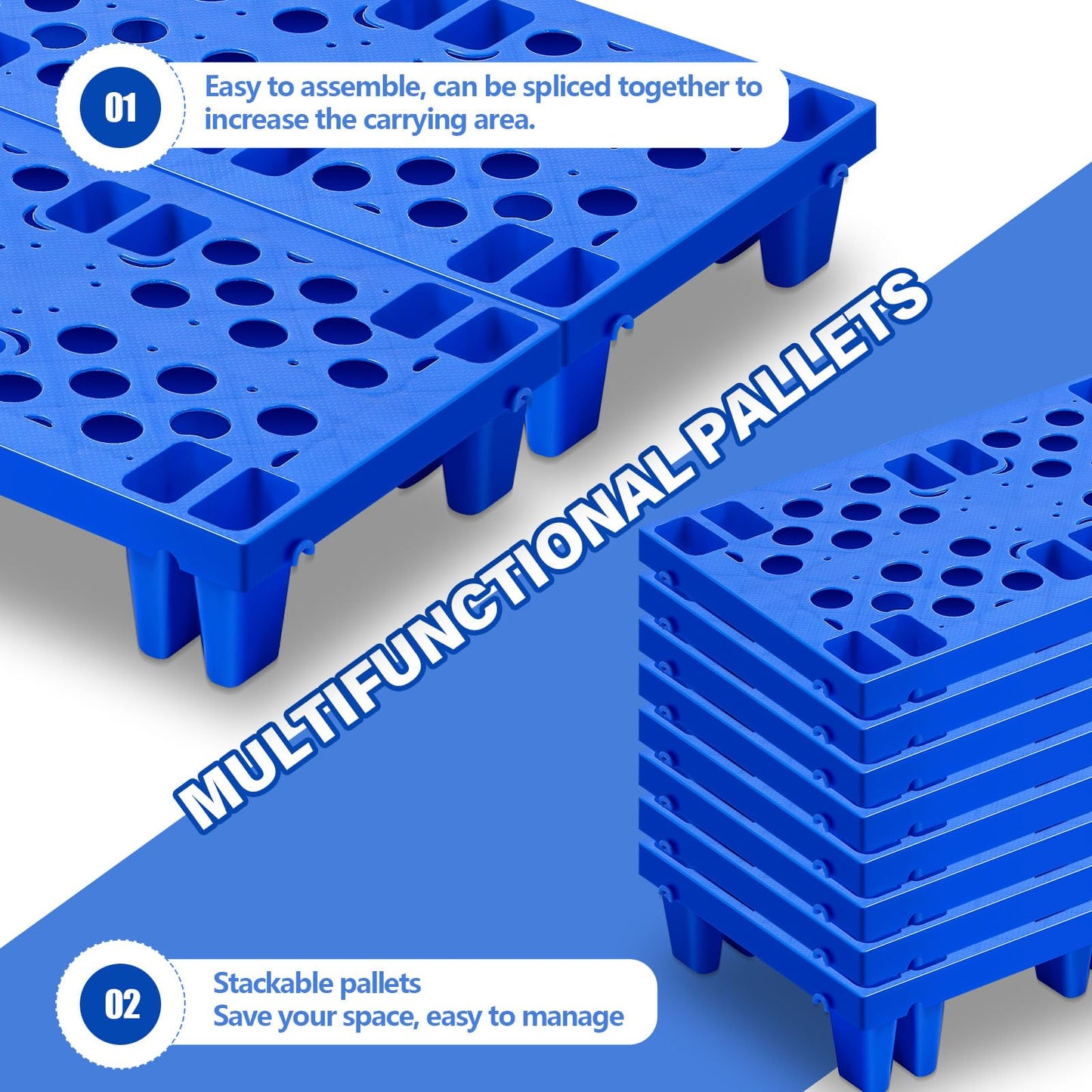 Singhoow 8 Pcs Plastic Pallets for Basement Storage Nestable Moisture Waterproof Lightweight Floor Pallets with Breathable Grid for Indoor Outdoor Supermarket Warehouse (19.6 x 11.8 x 3.9 Inch,Blue)