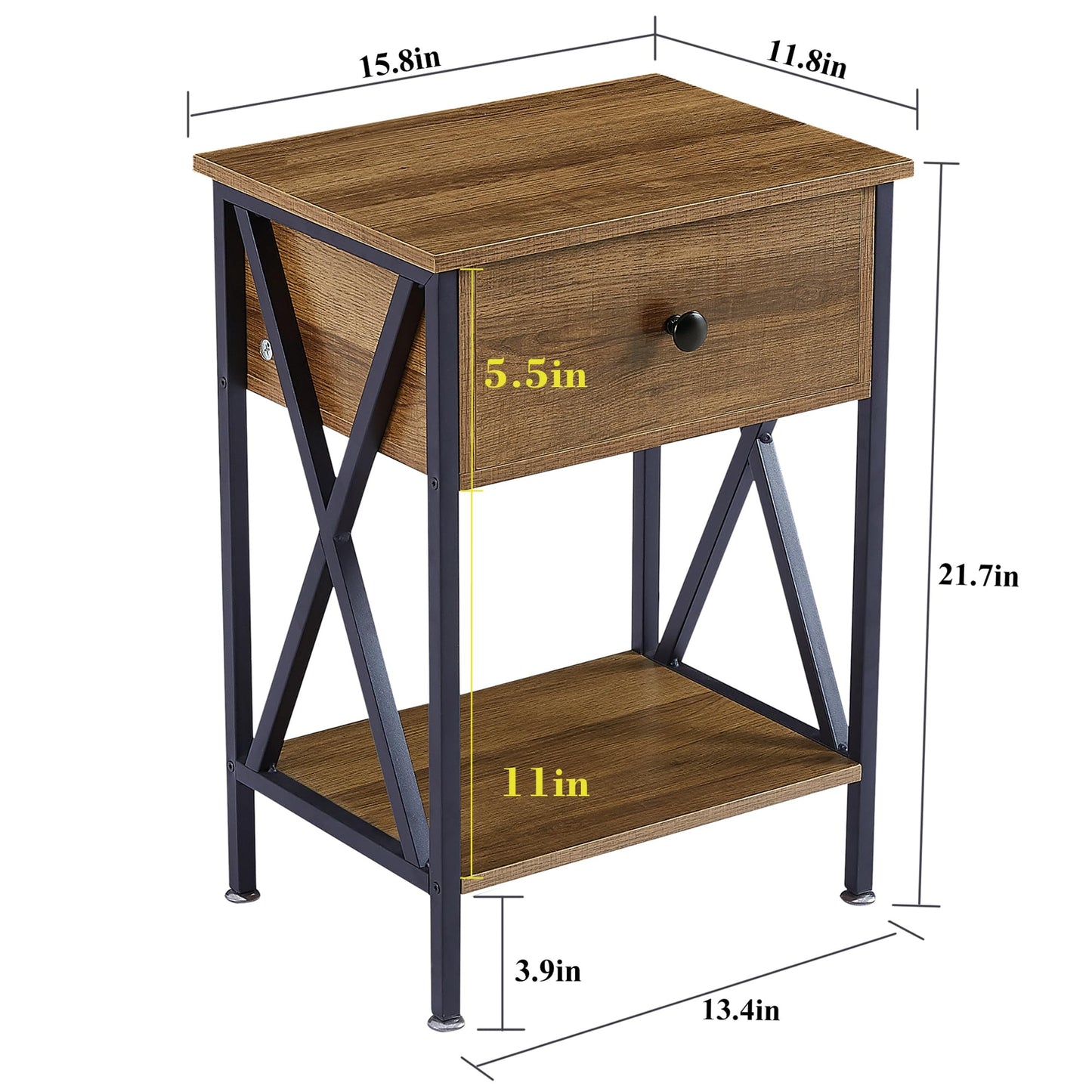 VECELO Nightstands Set of 2, Modern Bedside End Tables, Night Stands with Drawer and Storage Shelf for Living Room Bedroom, Industrial Metal Frame