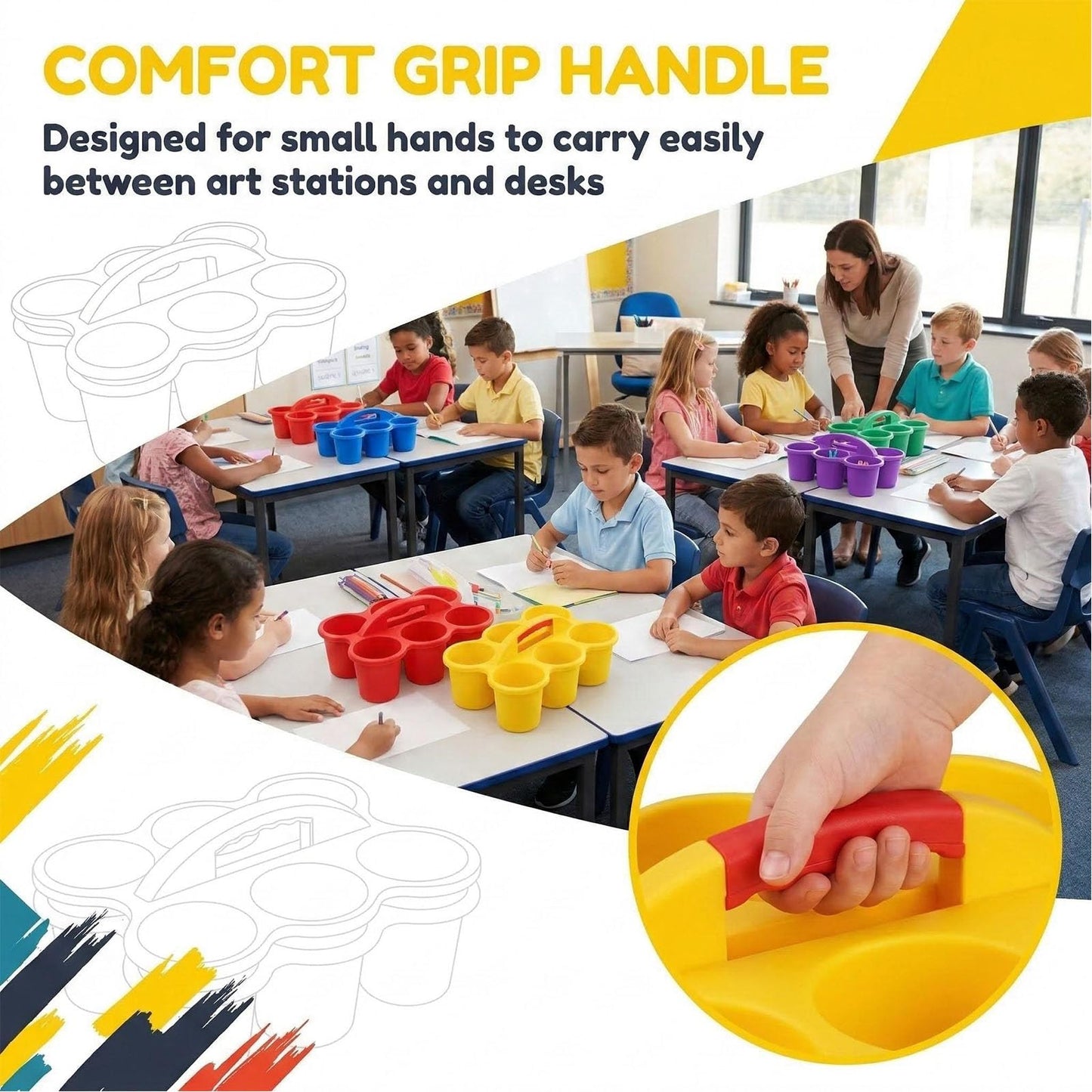SSATISCN Multicolor Pencil Holders for Desk, 6-Cup Classroom Caddy with Handles, Durable Art Supply Organizer for School Office Home (Set of 6)
