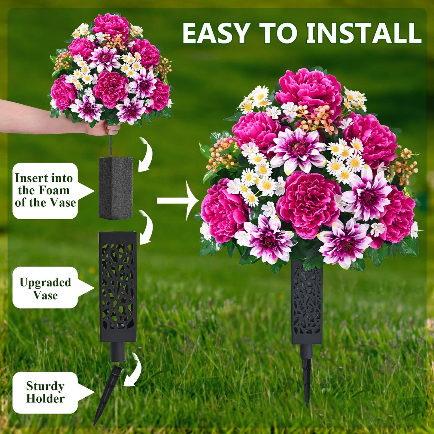 Dolicer Artificial Cemetery Flowers for Grave, Set of 2 Memorial Grave Flowers for Cemetery with Vase Realistic Silk Gravesites UV Resistant Peony Daisies Flowers Decorations (Red with White)