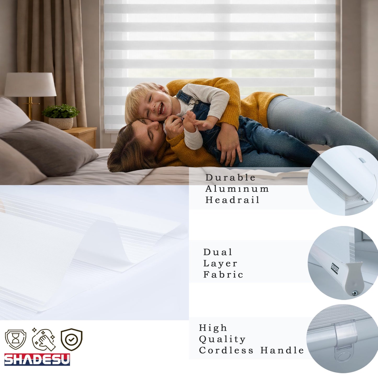 Shadesu Cordless Zebra Blinds for Windows, 51" W x 72" H, White, Dual Layer Free-Stop Zebra Shades, Light Control for Day and Night, Sheer Blinds for Indoor Windows, Bedroom, Kitchen