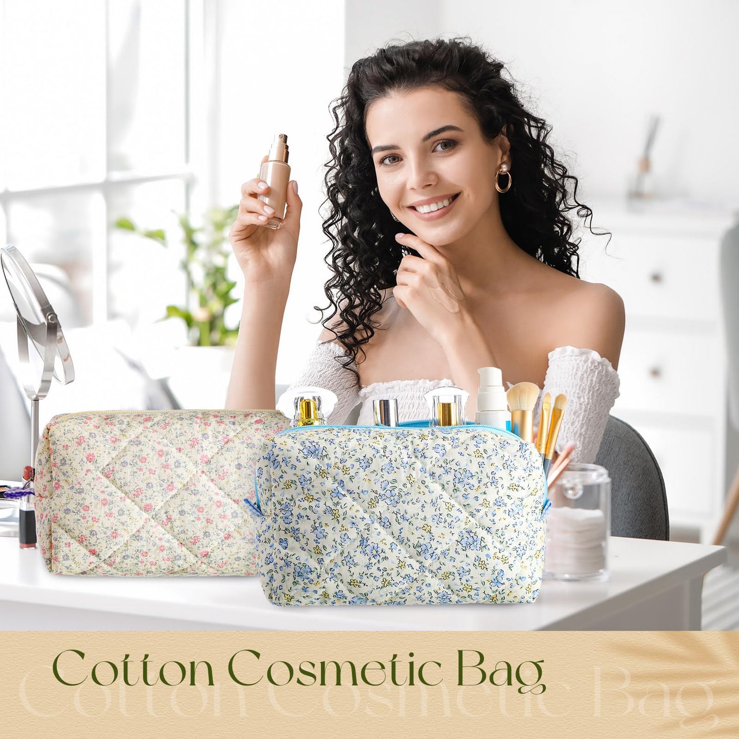 Paterr 10 Pcs Cotton Quilted Makeup Bag Floral Cosmetic Bag Coquette Aesthetic Makeup Pouch with Zipper Travel Portable Beauty Case Preppy Gifts for Women(Classic Style)