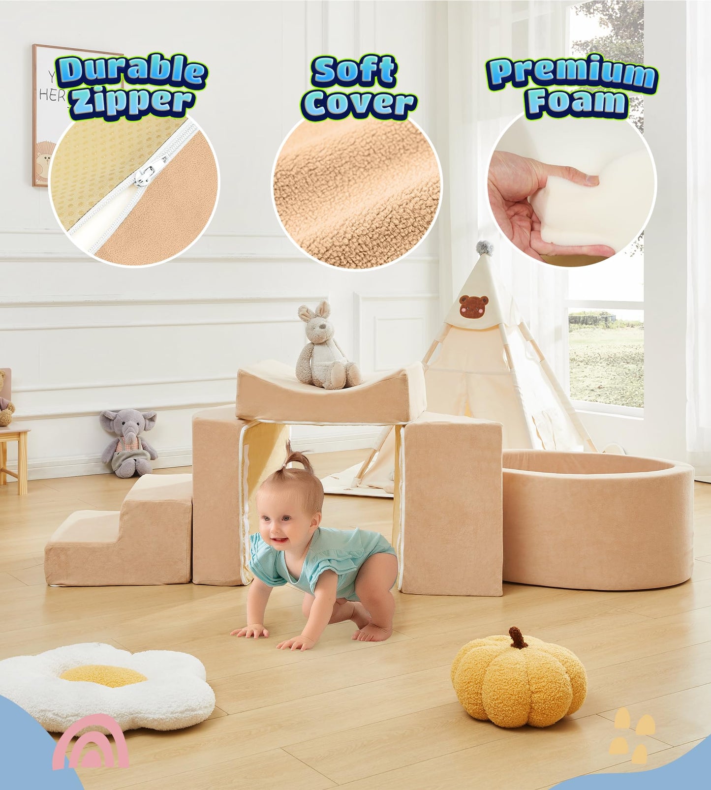 Elftopia Foam Climbing Blocks with Ball Pit Designed for Toddlers Aged 1-3 -Great for Indoor Crawling, Inside Foam Playground Set for Little Ones to Active Playing -(Balls NOT Included) Beige