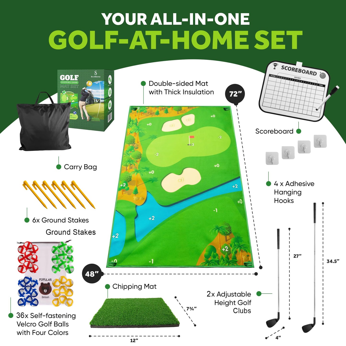 Battle Golf Game - Dual-Sided Golf Mat, Realistic Golf Course Design & Scoring System, Adjustable Height Clubs - Thick Grass-Like Golf Mat for Indoor/Outdoor Family Golf Activity (2 Clubs, 36 Balls)