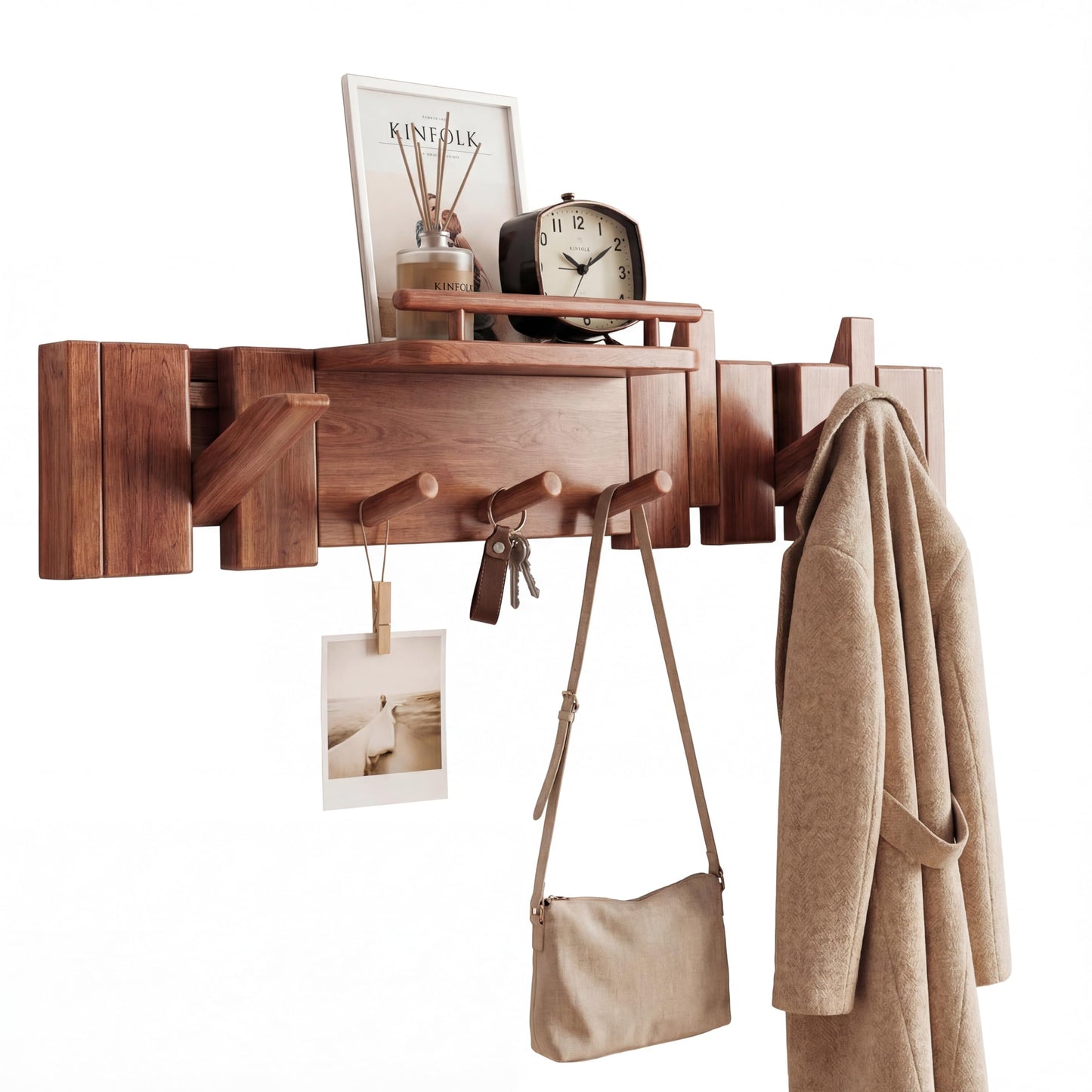 EasTeebw Mid Century Modern Walnut Foldable Entryway Wall Coat Hanger Hook with Shelf,Heavy Duty Wooden Piano Hidden Towel Hooks for Bathroom,Wall Rack for Purse&Key&Mail,Home Decor (Walnut, 7 Hooks)