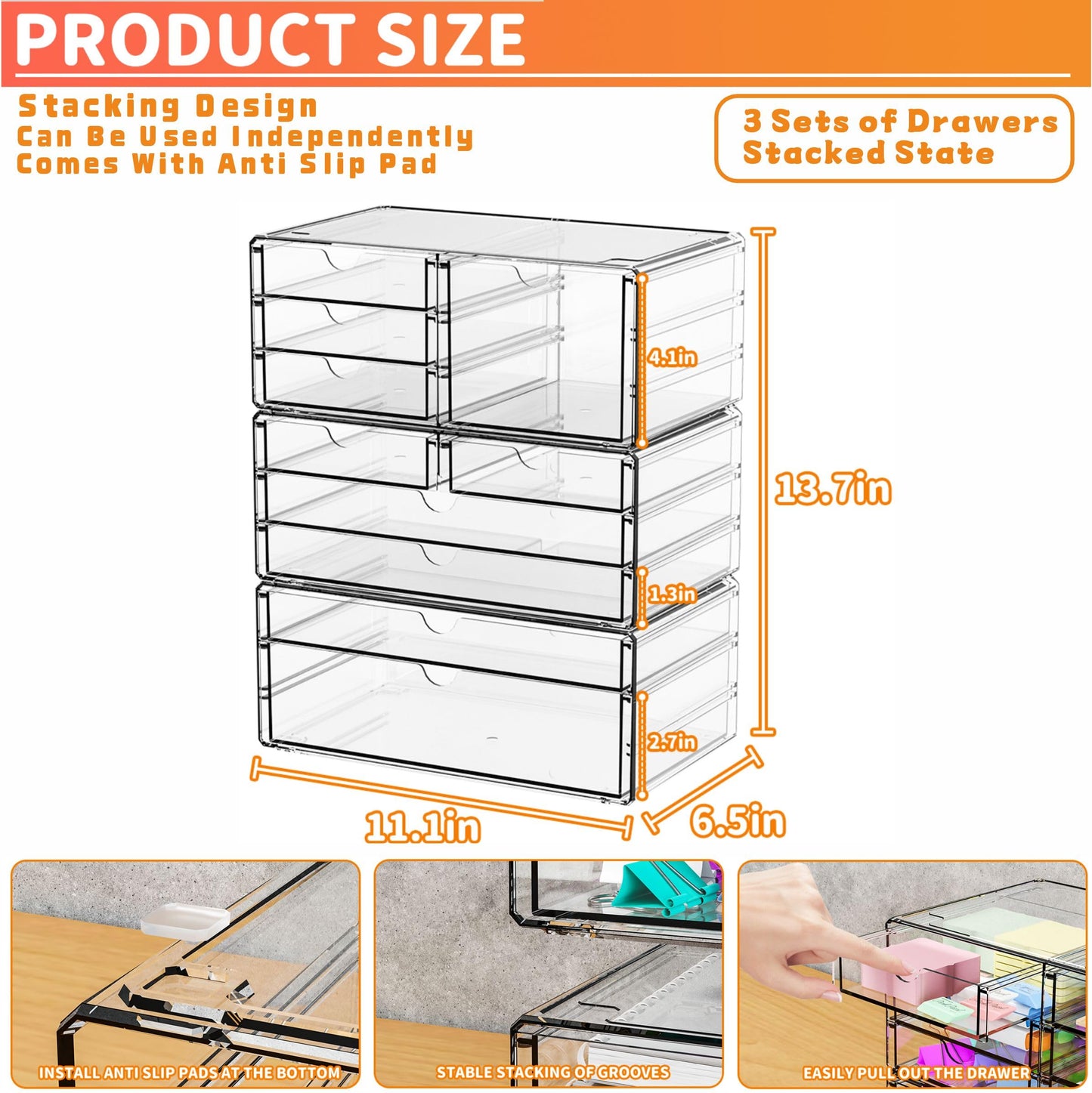 Yieach 3 Pack Clear Storage Drawers With 10 Drawers,Stackable 11.1” Large Acrylic Drawer Organizer and Makeup Organizer For Vanity,Bathroom Countertop,Cabinet,Pantry,Office Supply Storage Bins Drawers