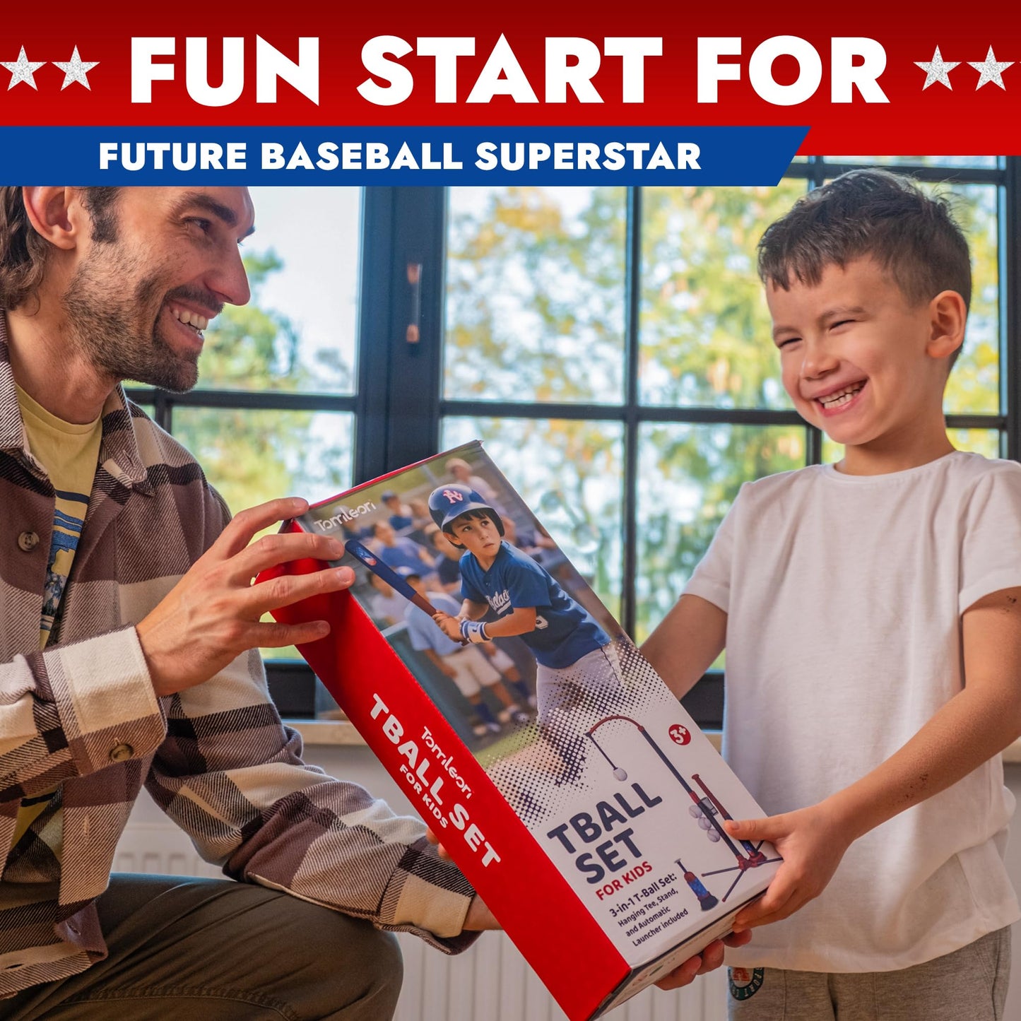 TOMLEON 3-in-1 Baseball Set for Kids 3-5 - Tee Ball Stand, Hanging Tee, Ball Launcher and 6 Softballs - Adjustable Height, Indoor/Outdoor Sport Gifts for Boys
