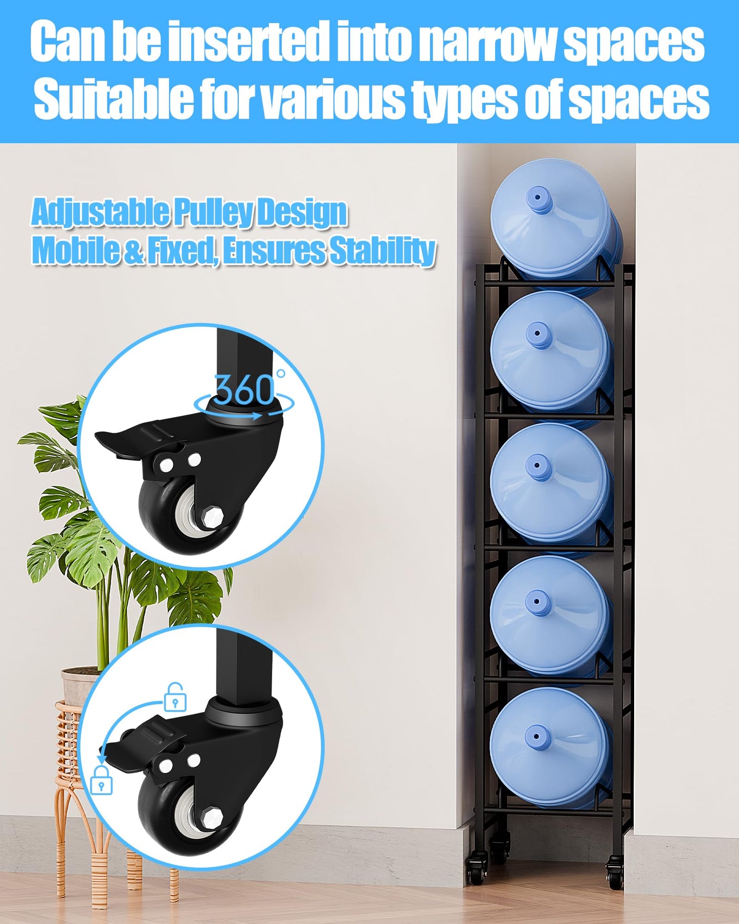 Vorshape 5 Gallon Water Jug Holder, Movable 5 Tier Heavy Duty Water Rack with 4 Wheels, Rack for Water Jug Storage, Space Saving Water Stand for Five 5 Gallon Water Jugs, Black