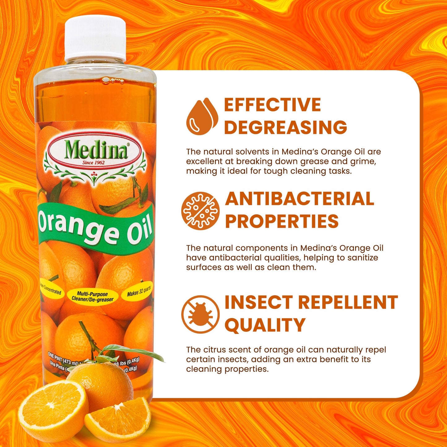 Medina Orange Oil Cleaner & Degreaser Concentrate - All Purpose Orange Oil Cleaner, Cabinet Cleaner Degreaser, Wood Degreaser for Kitchen Cabinets, Ideal for Mopping Floors & Automotive - 16oz