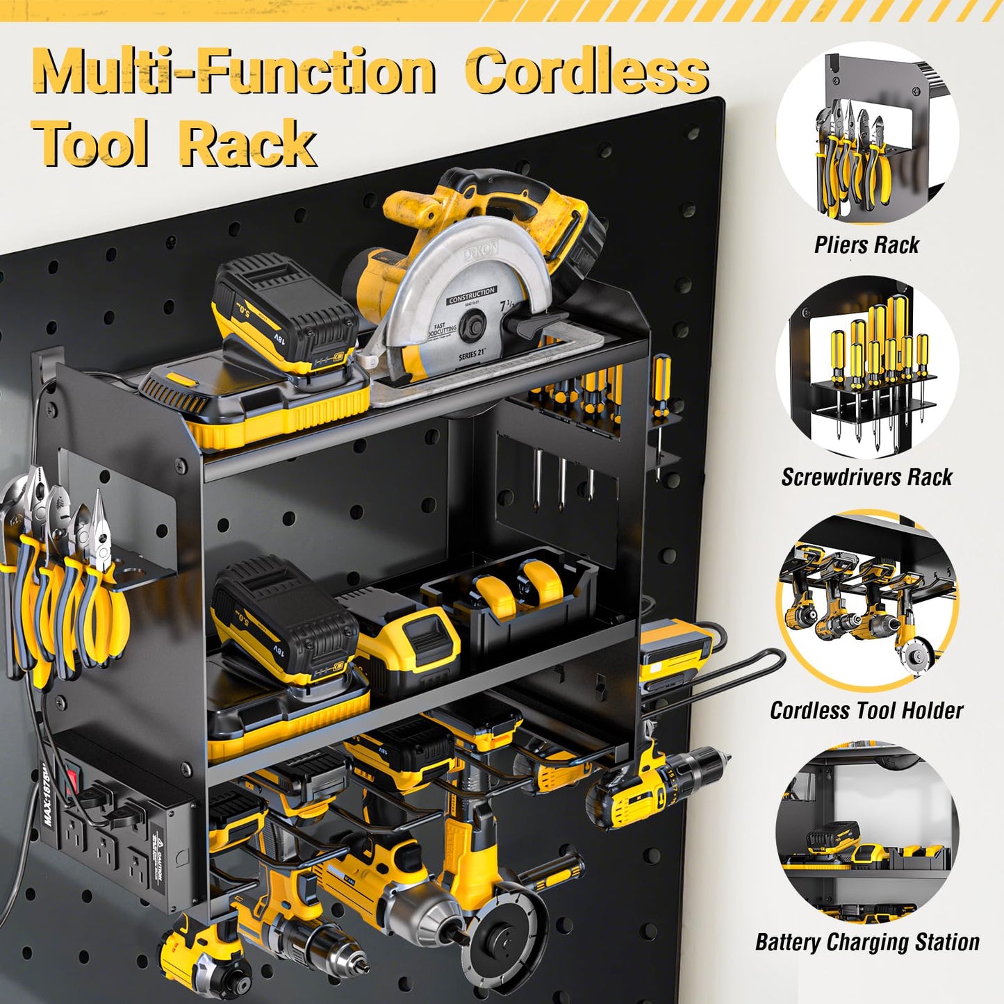 YYR Power Tool Organizer Wall Mount with Charging Station, Cordless Tools Hanger and Battery Storage Rack for Garage Organization, Heavy Duty Drill Holder Shelf Build in Metal Power Strip - Black
