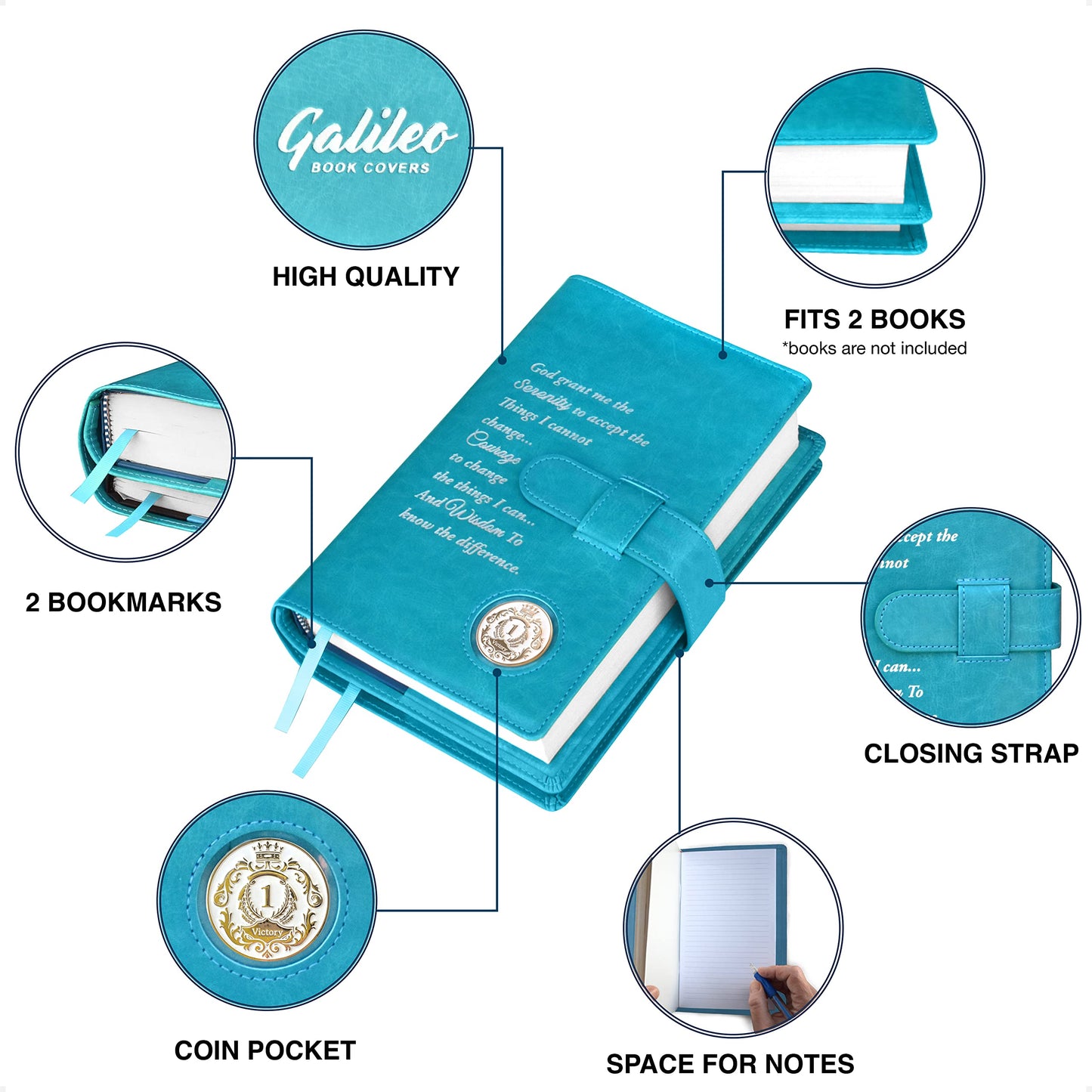 Galileo® Double AA Big Book Cover & 12 Steps & 12 Traditions | AA Gift | Alcoholics Anonymous (Serenity Prayer/Coin Pocket/Ocean Turquoise)