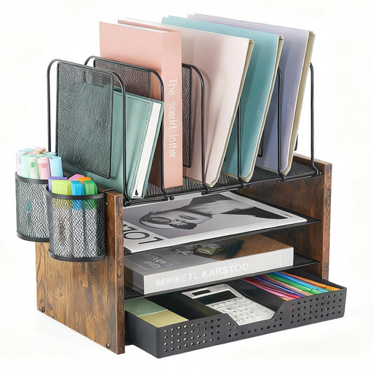 AUPSEN Desk Organizer with 5 Vertical File Holders, Storage Drawer & 2 Pen Holders, 5 Trays Paper Letter Tray Organizer, Mesh Desk Organizers and Accessories for Home Office (Vintage wood)