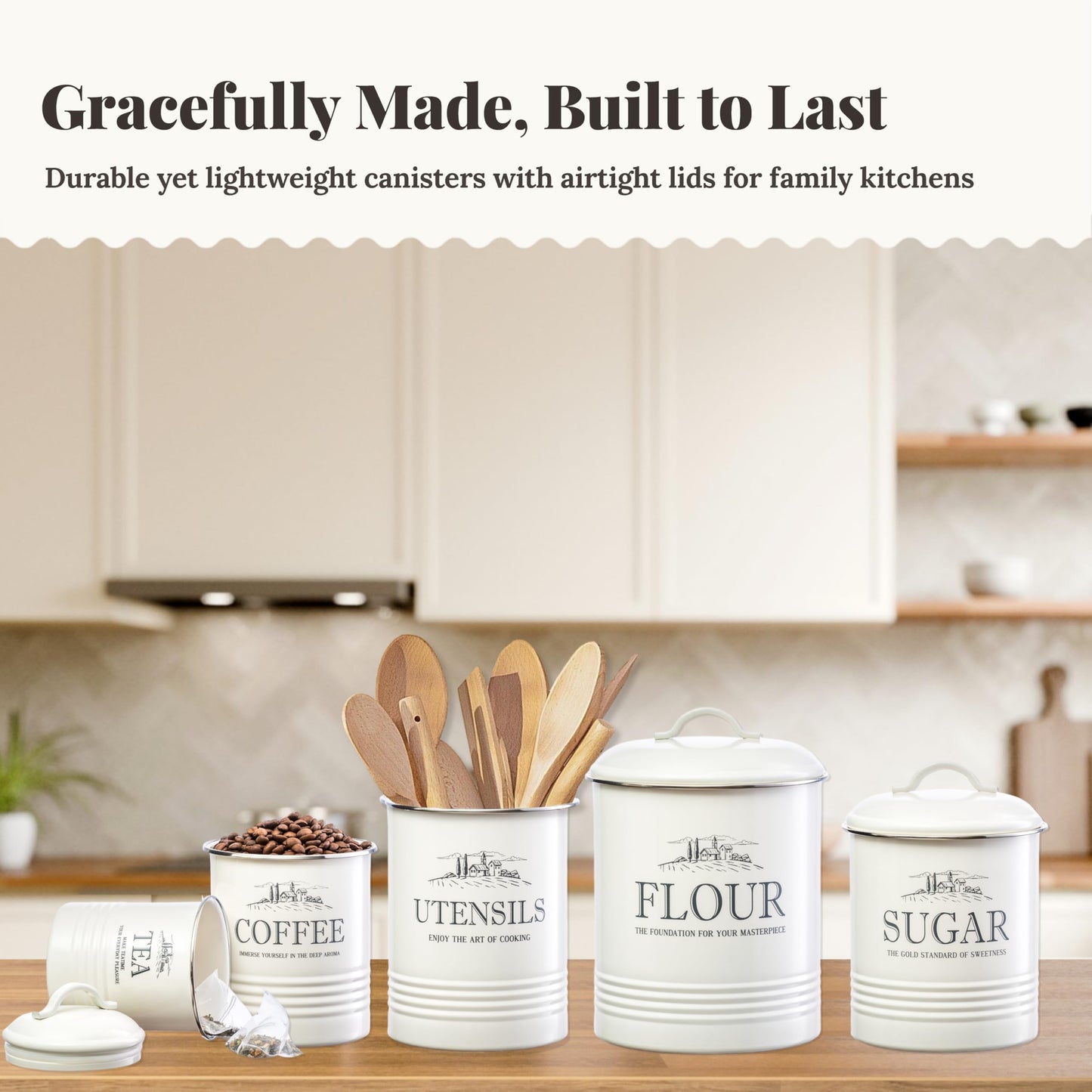 noonberry Kitchen Canisters for Countertop – 5-Piece Airtight Flour Sugar Coffee Tea Kitchen Canister Set with Utensil Holder – Sugar and Flour Containers for Kitchen Counter, Cream-White Finish