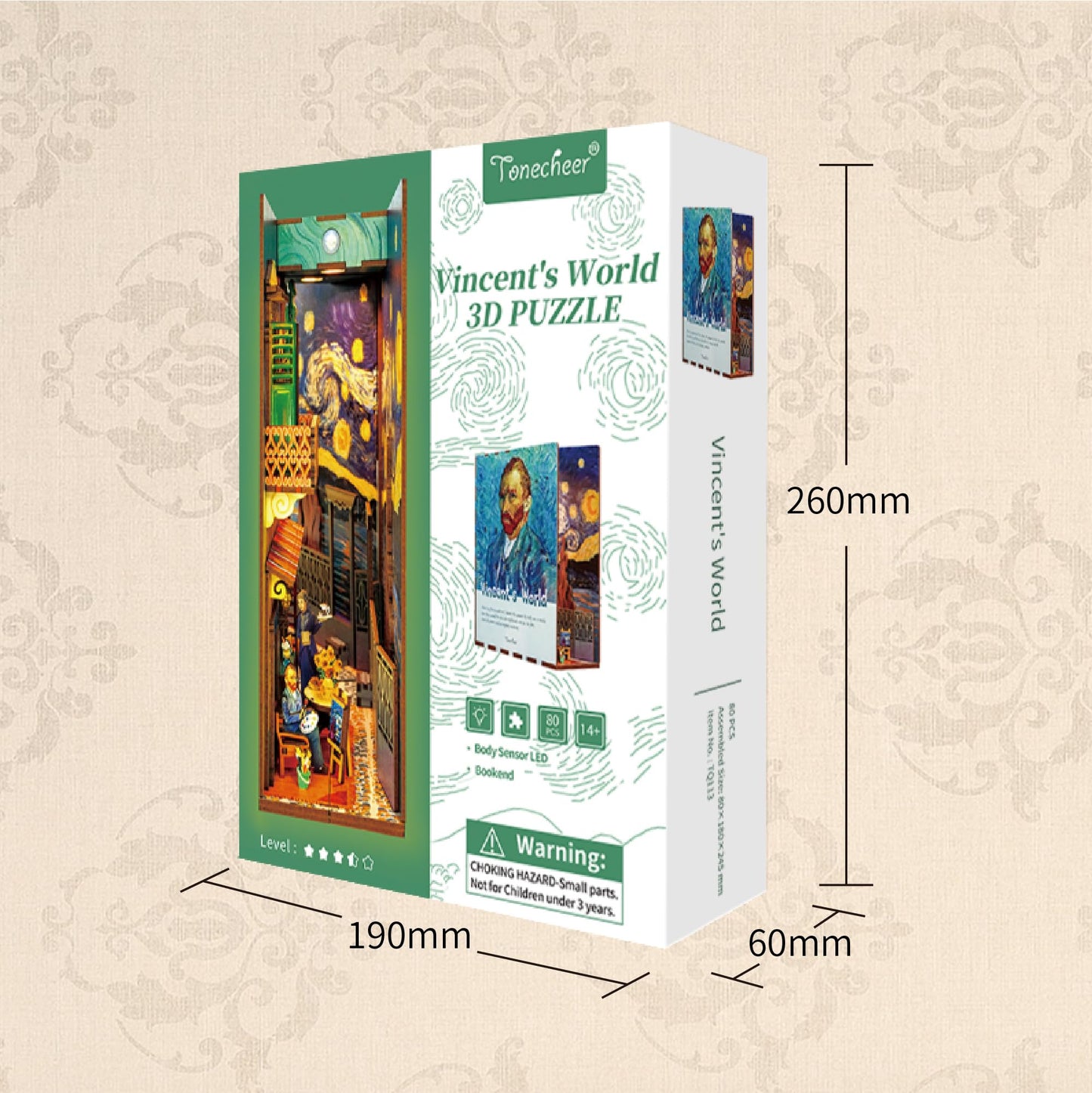 Tonecheer DIY Book Nook Kit for Adults, Booknook Wooden 3D Puzzle Bookend Miniature House Kit, Fantasy Artist Bookshelf Decor with Sensor LED Light Gifts for Birthday (Vincent's World)